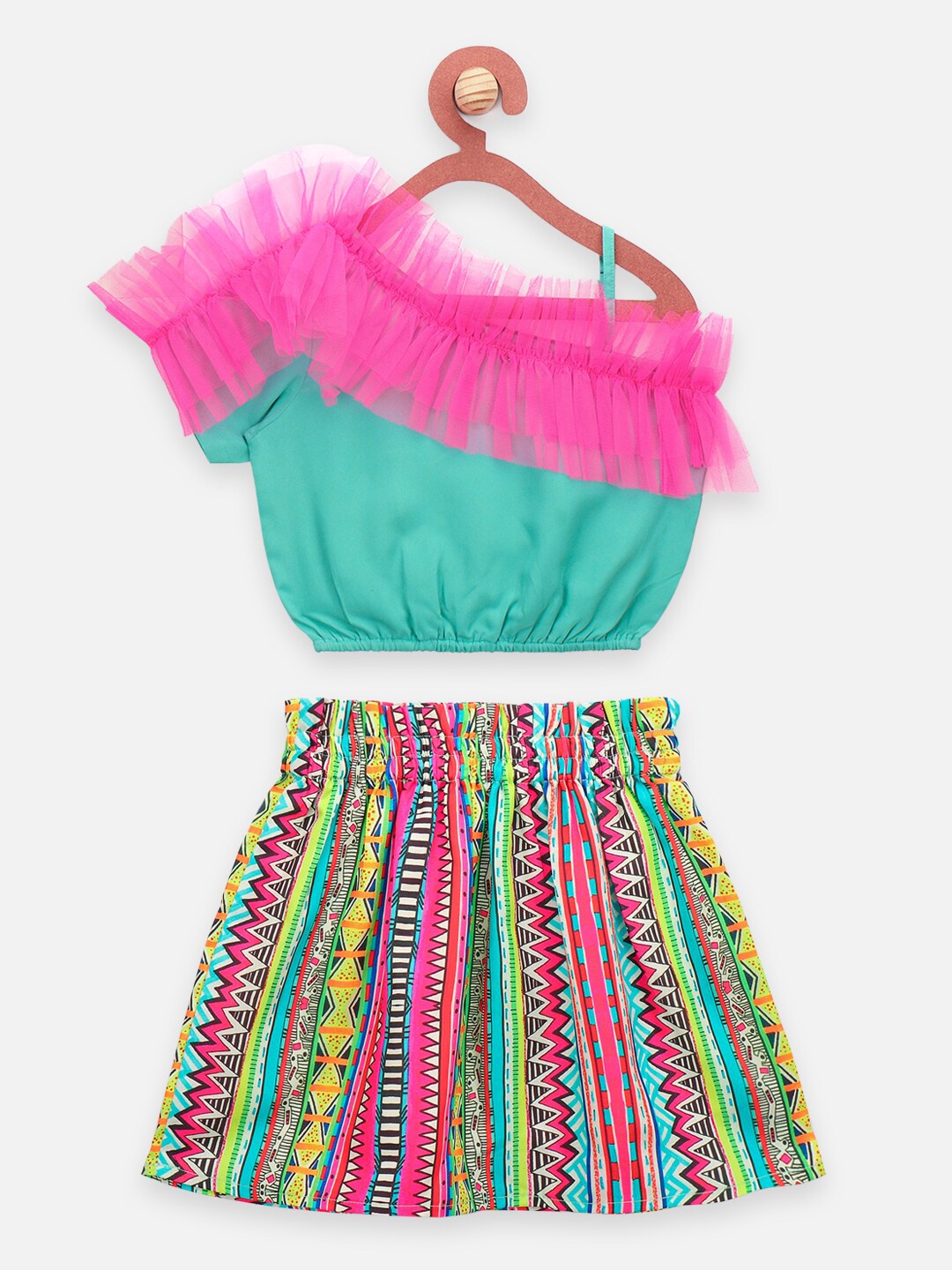 

LilPicks Girls Green & Pink Top with Skirt