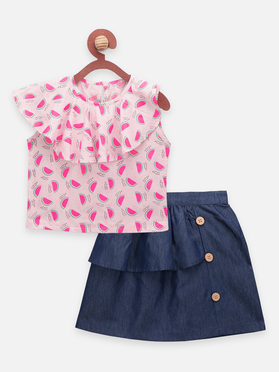 

LilPicks Girls Pink & Navy Blue Printed Top with Skirt