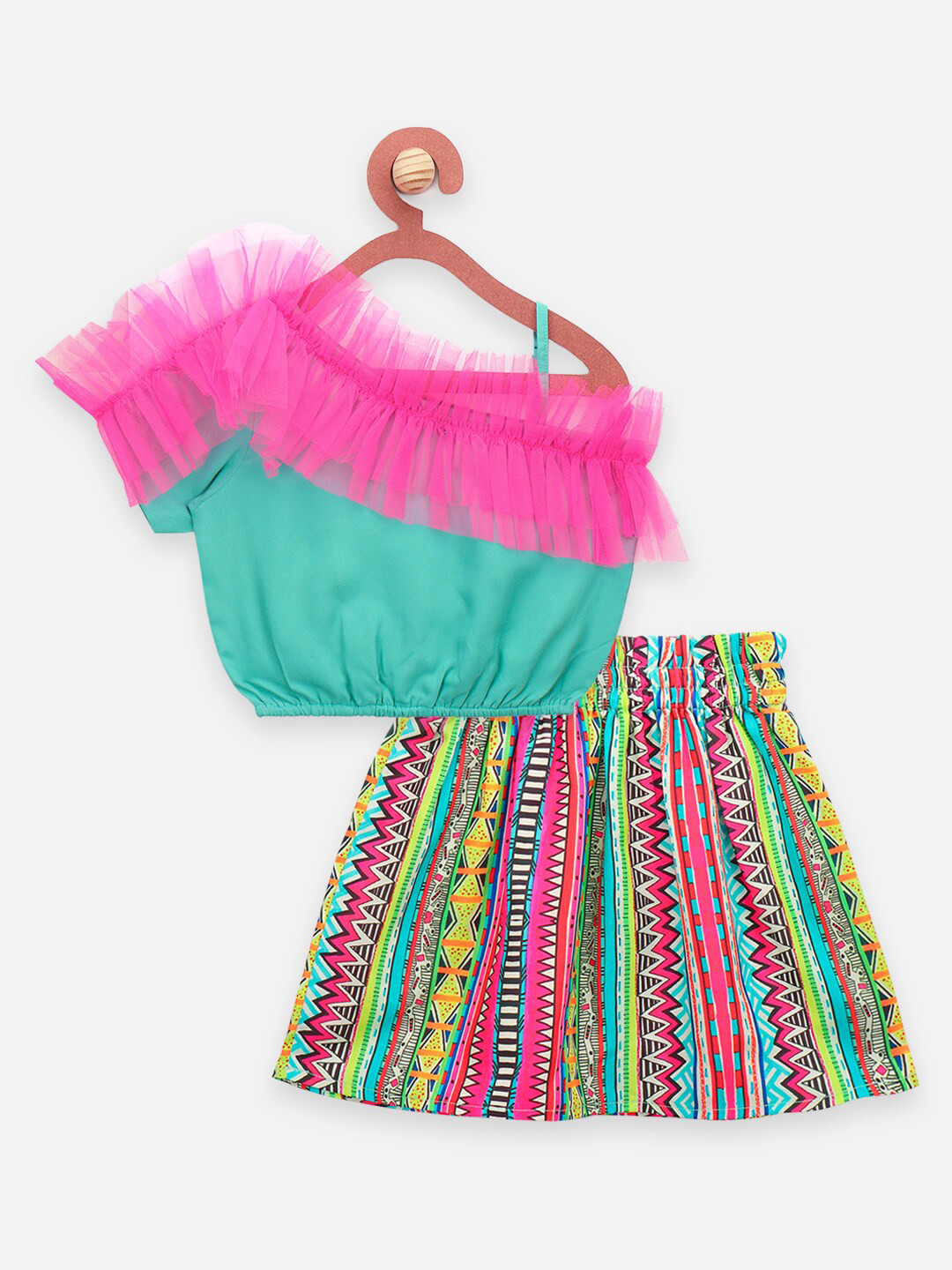 

LilPicks Girls Green & Pink Top with Skirt