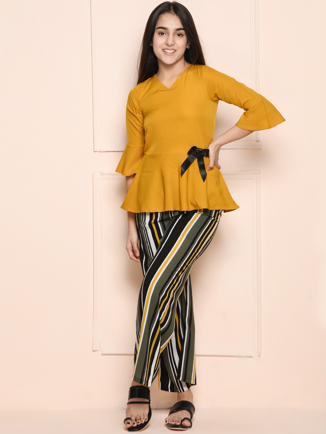 

LilPicks Girls Mustard Yellow & Black Top with Palazzos