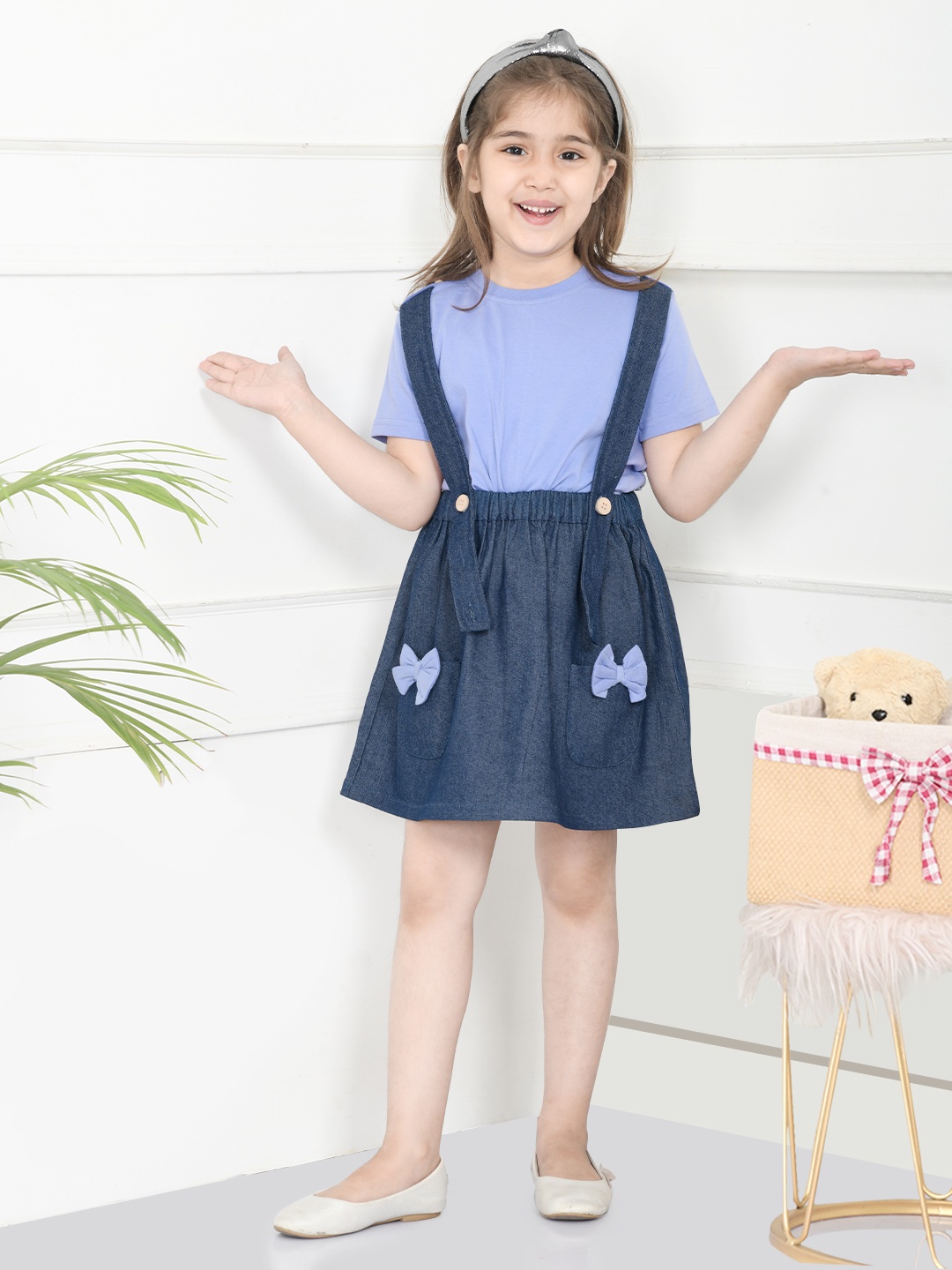 

LilPicks Girls Top with Blue Skirt with Attached Suspender, Lavender
