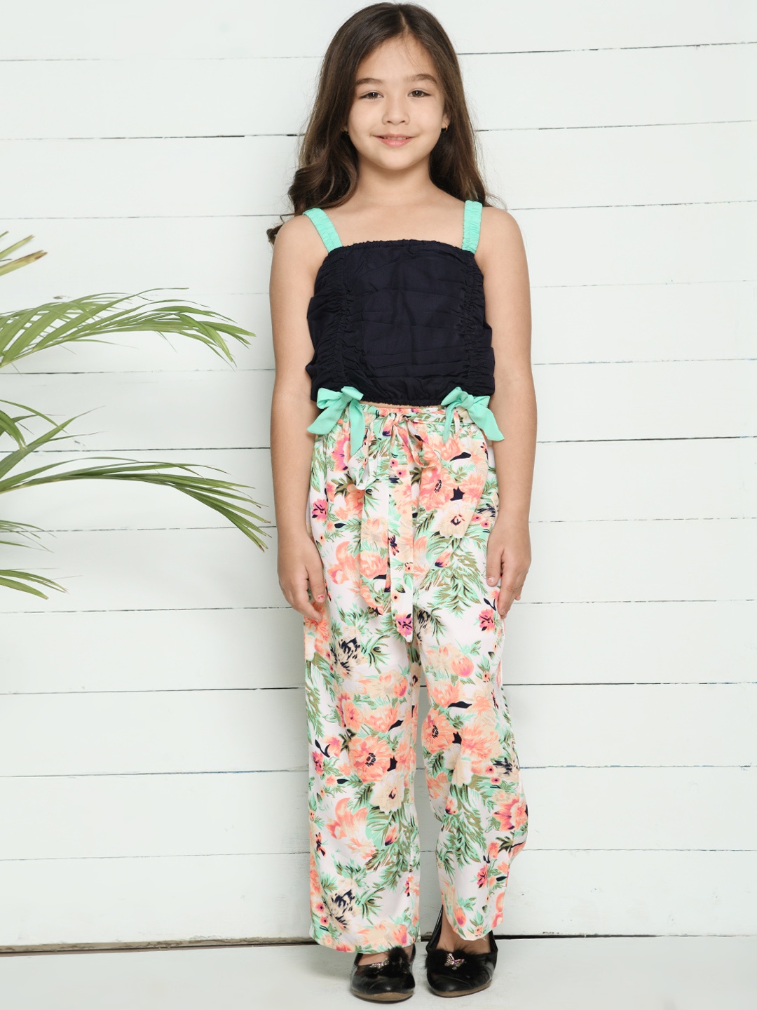 

LilPicks Girls White & Black Printed Top with Palazzos