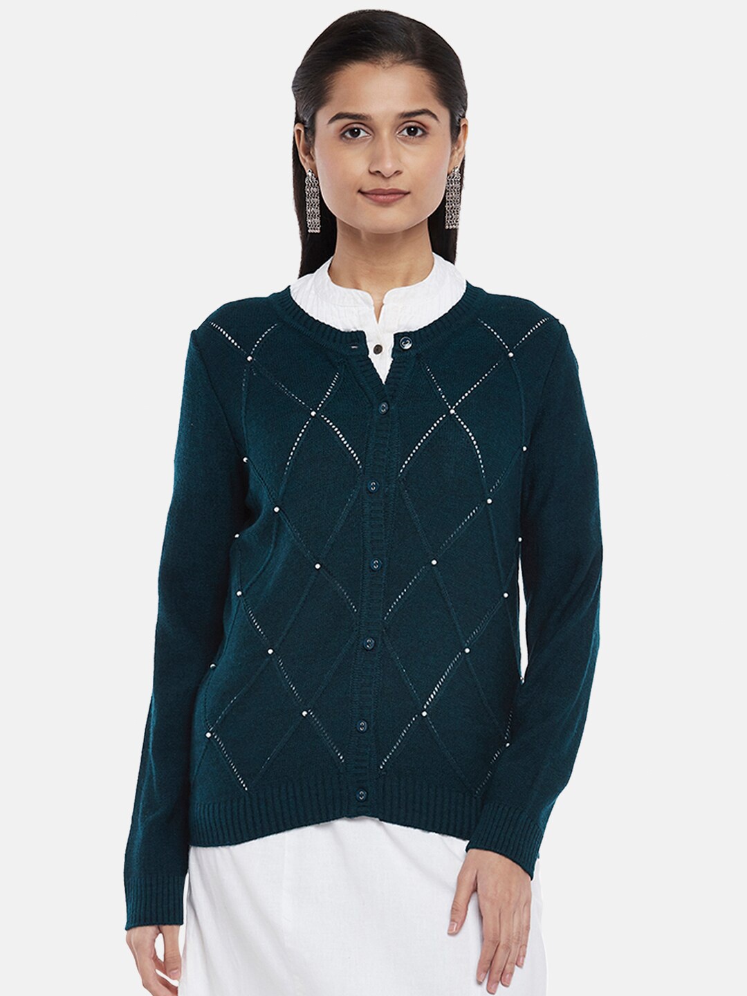 

RANGMANCH BY PANTALOONS Women Teal Open Knit Pure Acrylic Cardigan
