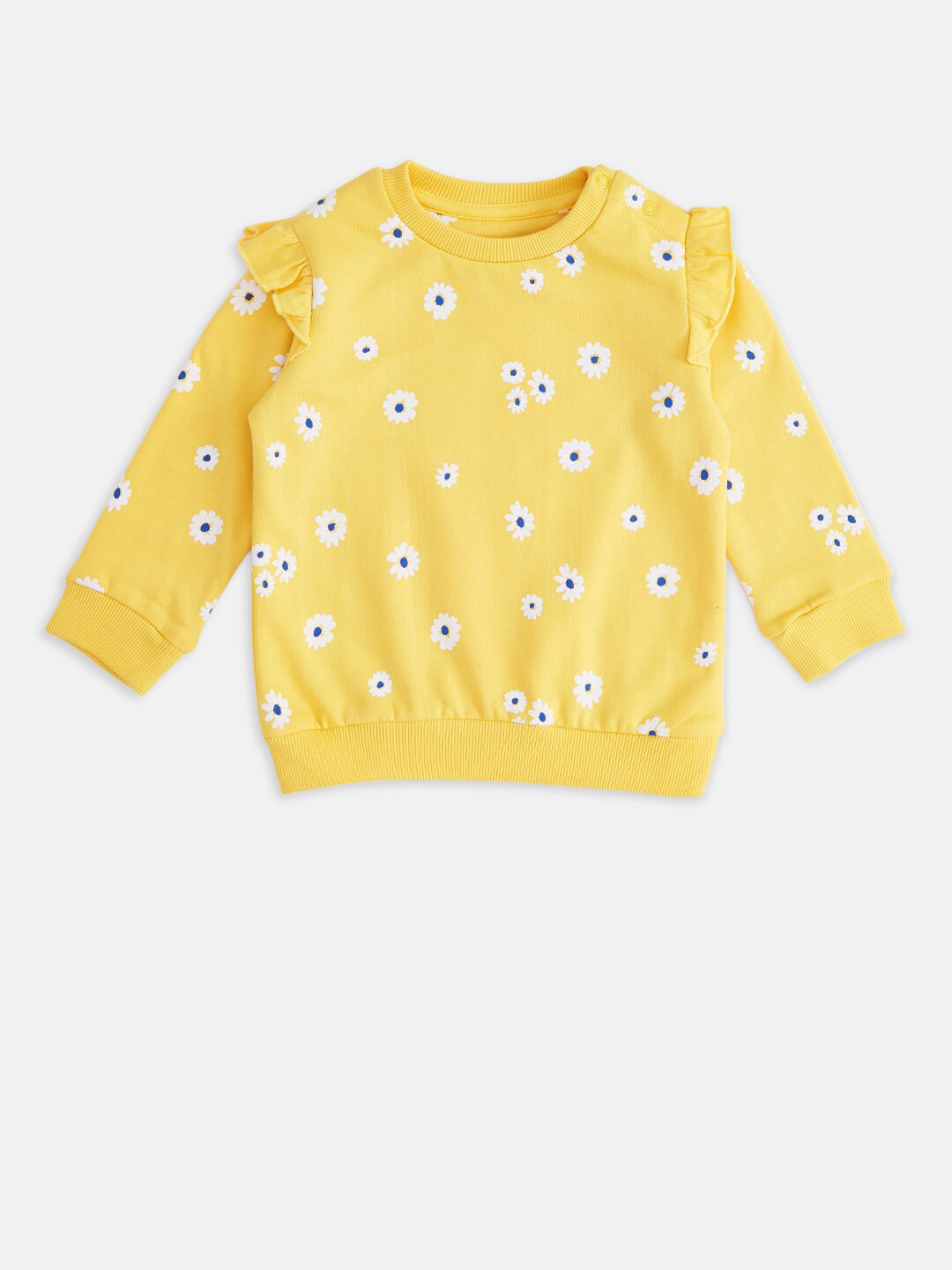 

Pantaloons Baby Girls Yellow & White Floral Printed Cotton Sweatshirt with Ruffle Detail