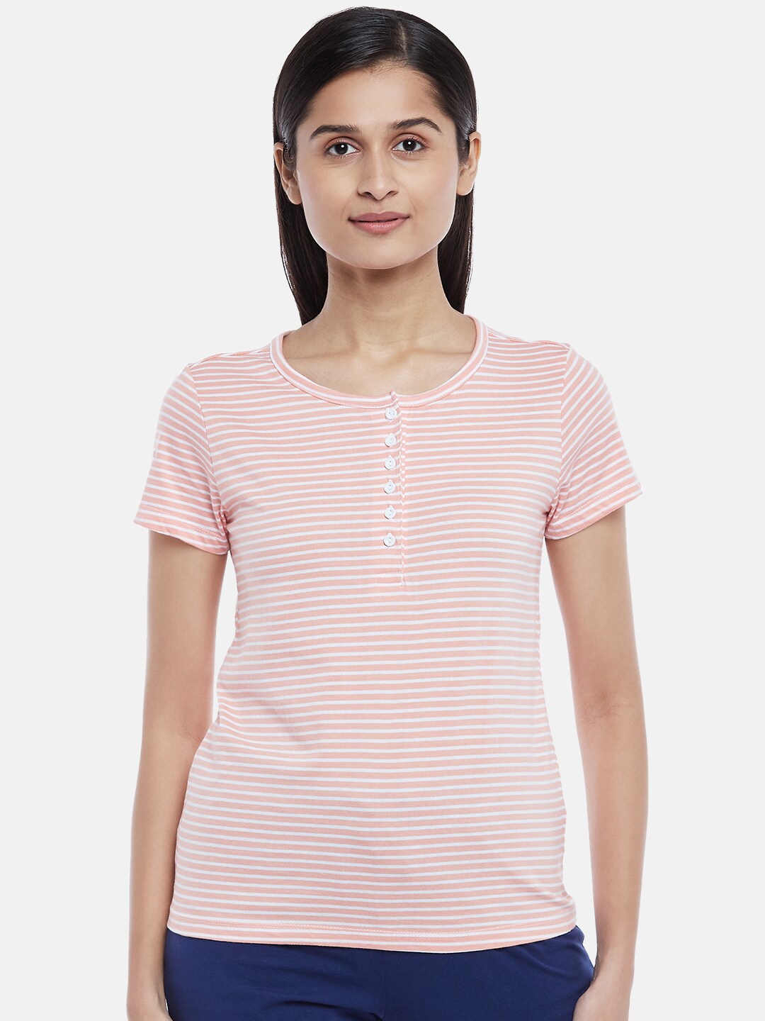 

Dreamz by Pantaloons Peach-Coloured & White Striped Pure Cotton Lounge tshirt