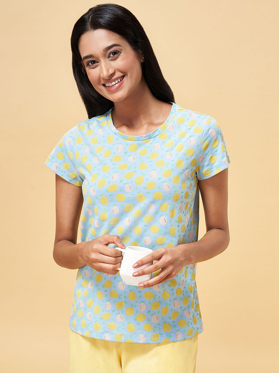 

Dreamz by Pantaloons Women Blue & Yellow Printed Pure Cotton Lounge T-shirt