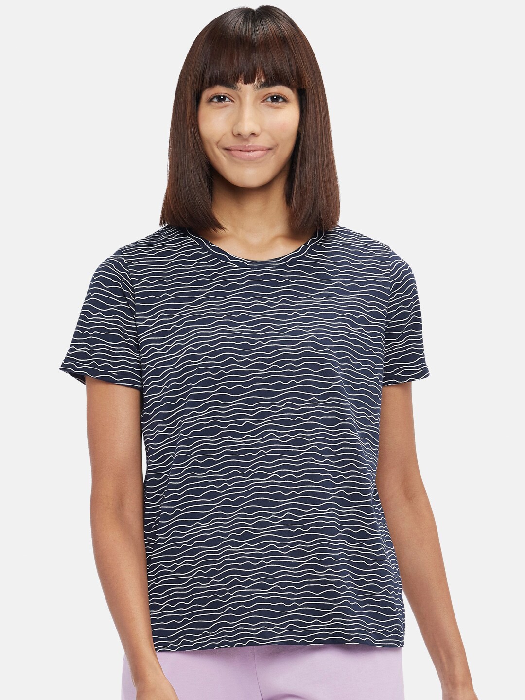 

Dreamz by Pantaloons Navy Blue & White Striped Round Neck Cotton Lounge tshirt