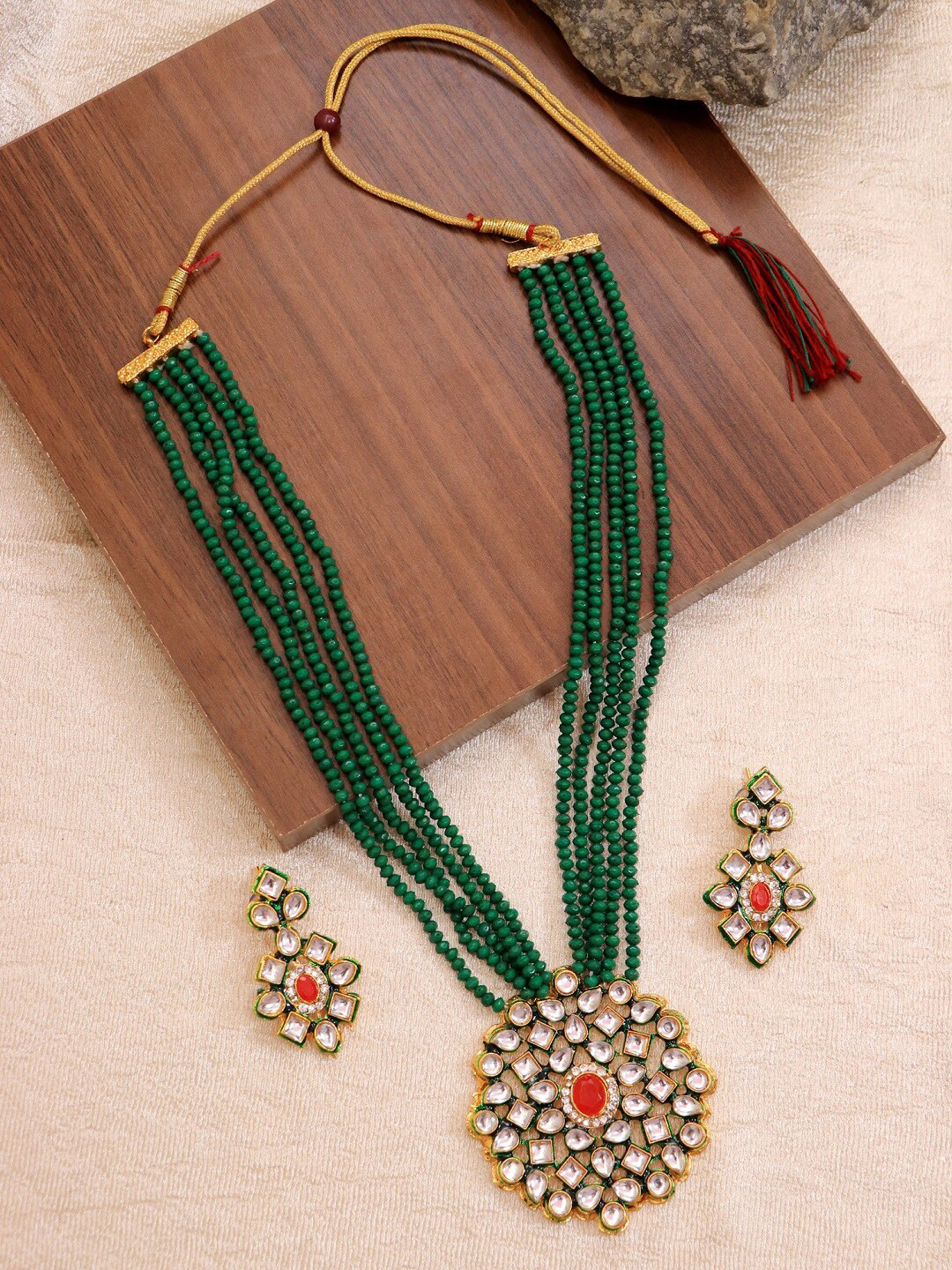 

Crunchy Fashion Gold-Plated White & Green Stone-Studded & Beaded Jewellery Set