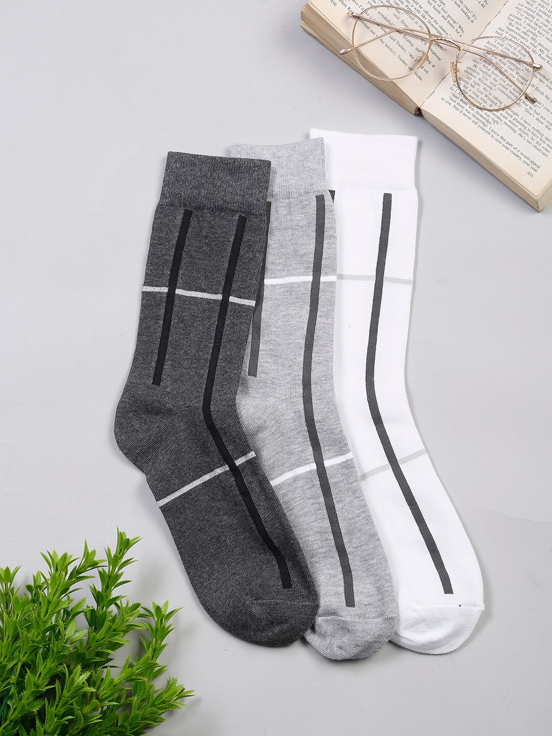 

LOUIS STITCH Men Pack of 3 Striped Calf Length Socks, White
