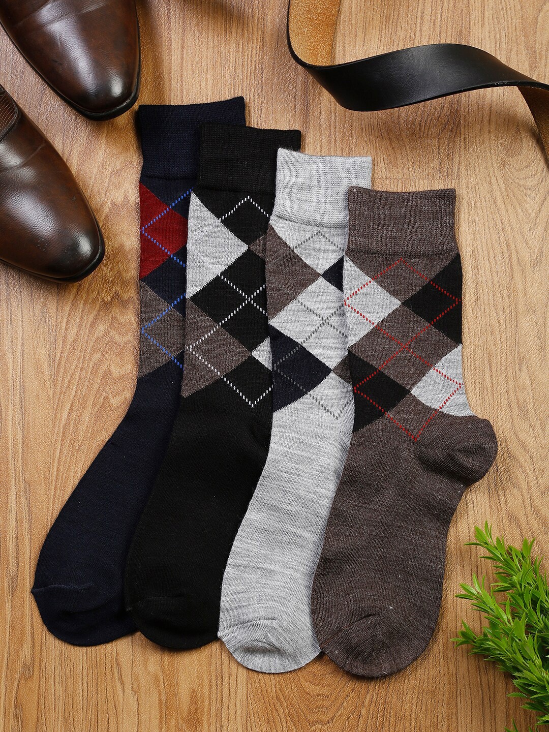 

LOUIS STITCH Men Pack Of 4 Checked Calf-Length Antimicrobial Socks, Black