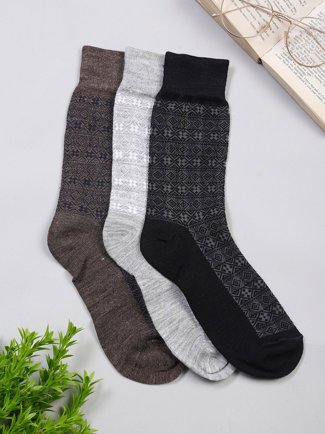 

LOUIS STITCH Men Pack of 3 Patterned Calf Length Antimicrobial Socks, Brown