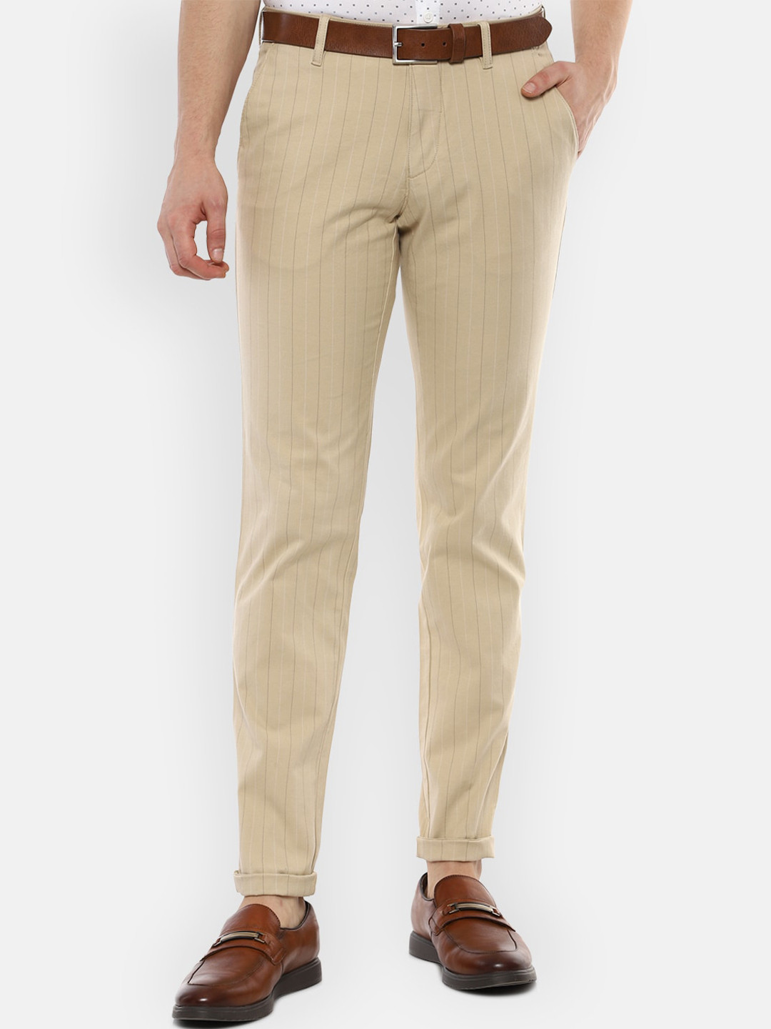 

Louis Philippe Sport Men Beige & White Striped Slim Fit Trousers