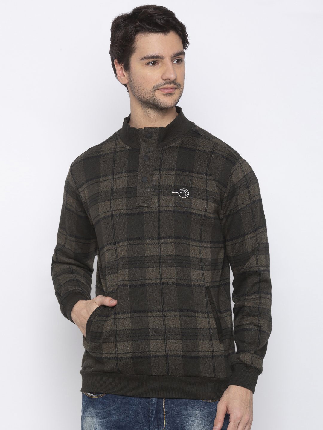 

Status Quo Men Olive Green Checked Sweatshirt