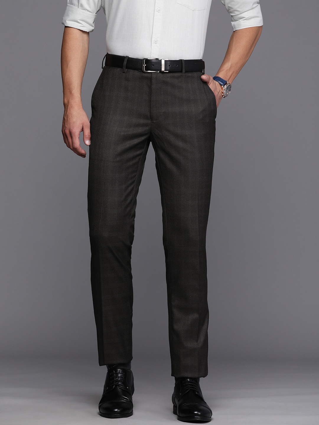 

Raymond Men Grey Checked Slim Fit Formal Trousers