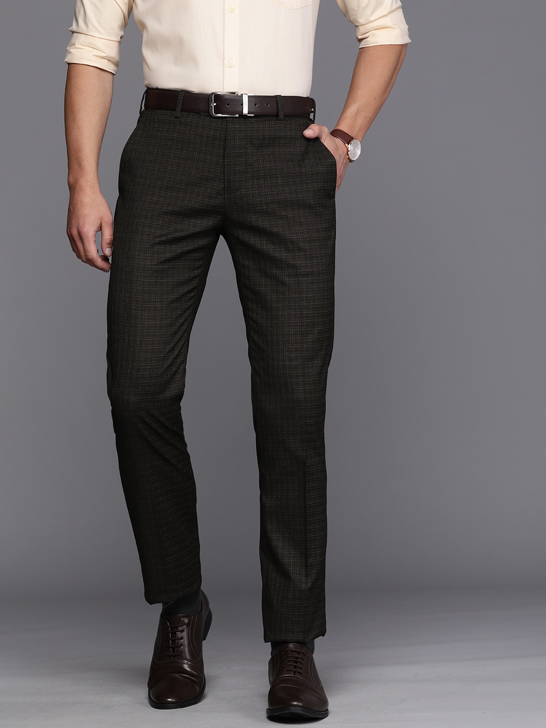 

Raymond Men Brown Checked Slim Fit Formal Trousers