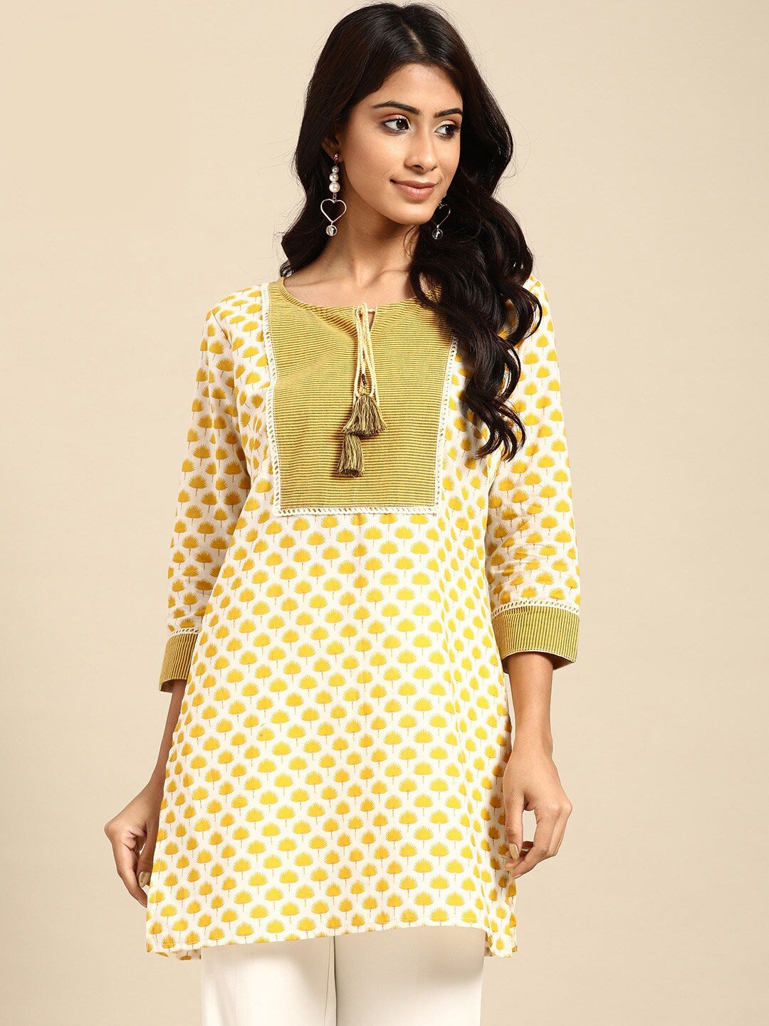 

RANGMAYEE Mustard Yellow & White Floral Printed Pure Cotton Kurti