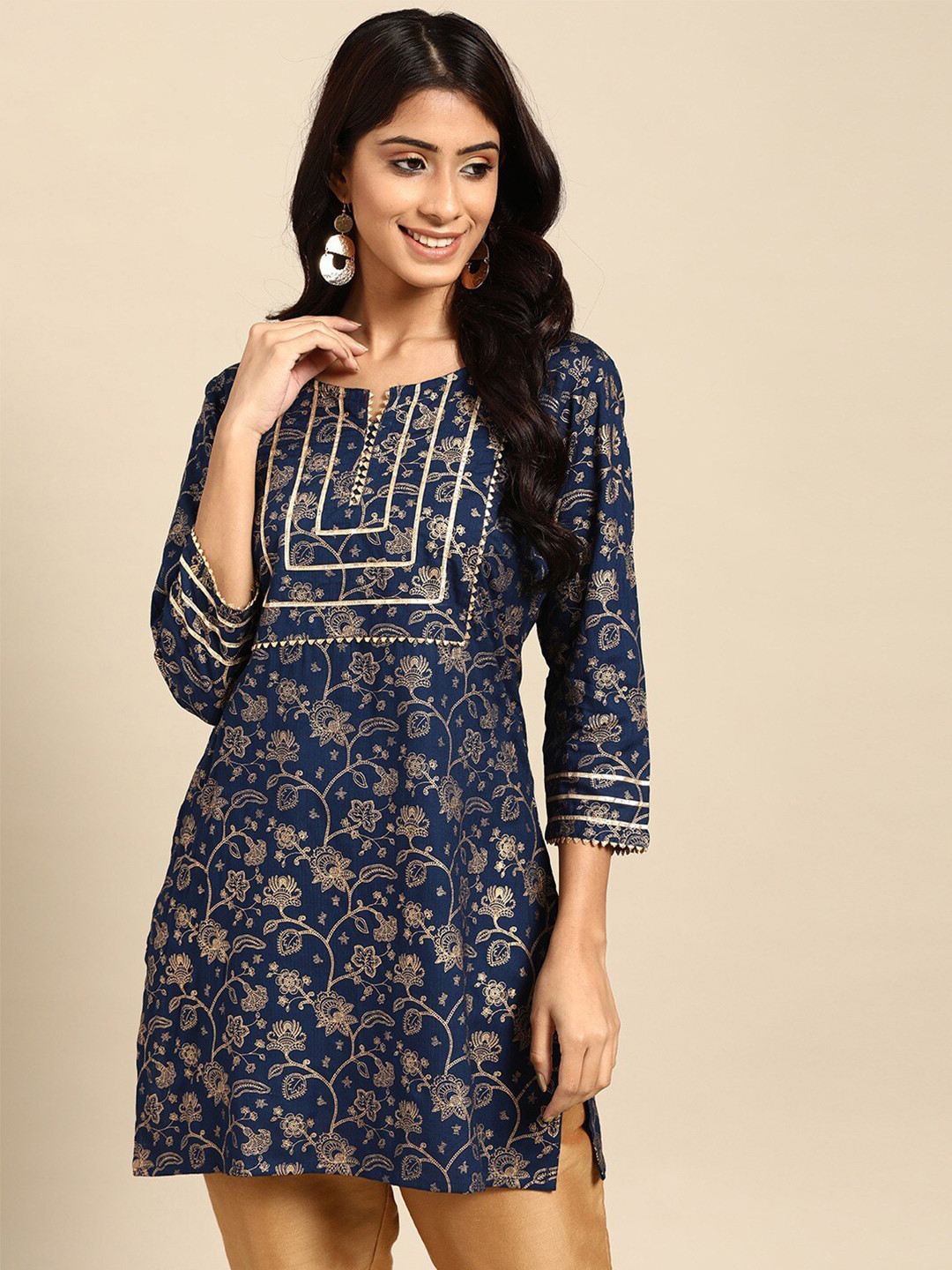 

RANGMAYEE Blue & Beige Floral Printed Gotta Patti Liva Gotta Patti Kurti