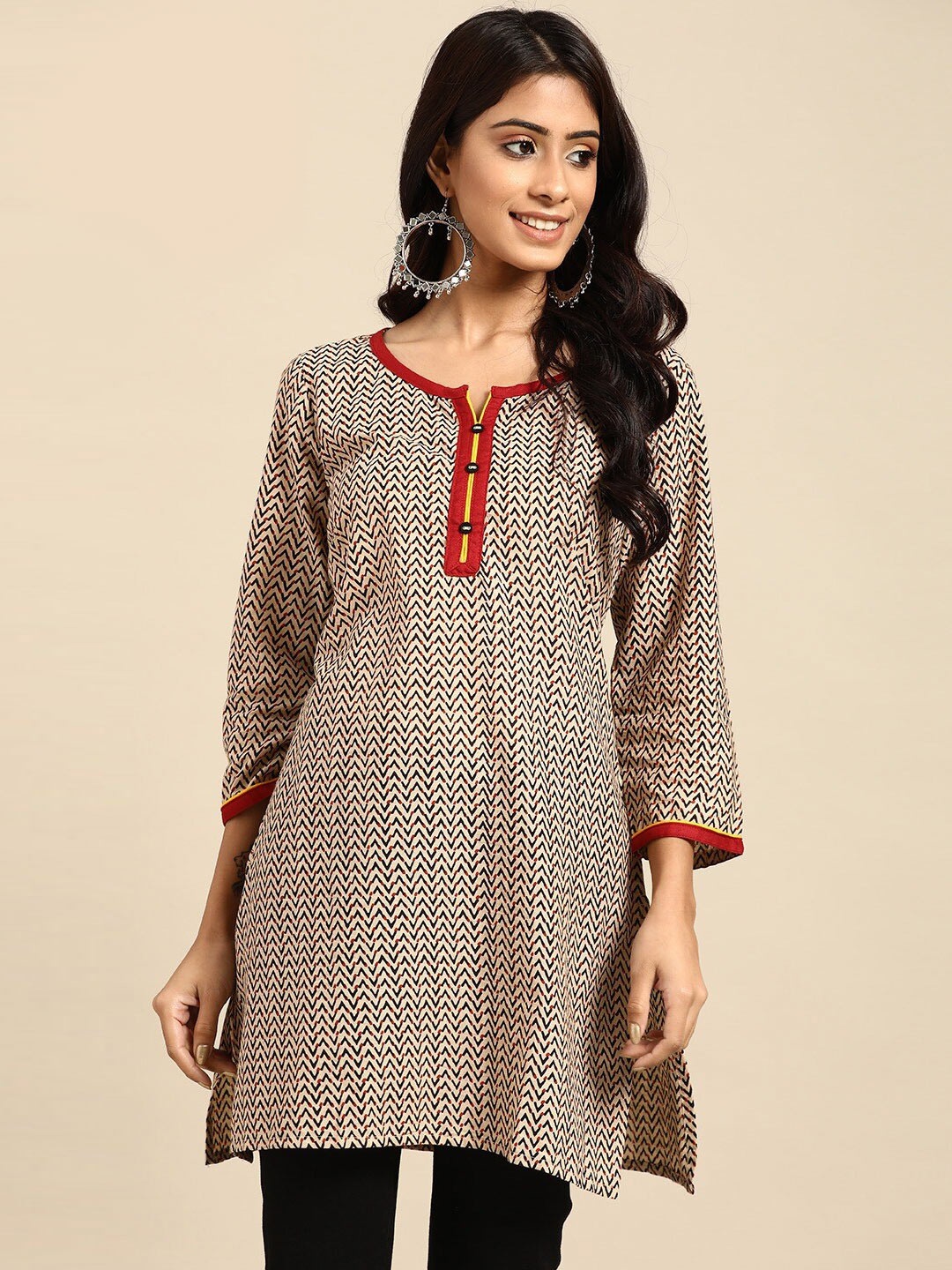 

RANGMAYEE Beige & Black Sanganeri Block Printed Pure Cotton Kurti