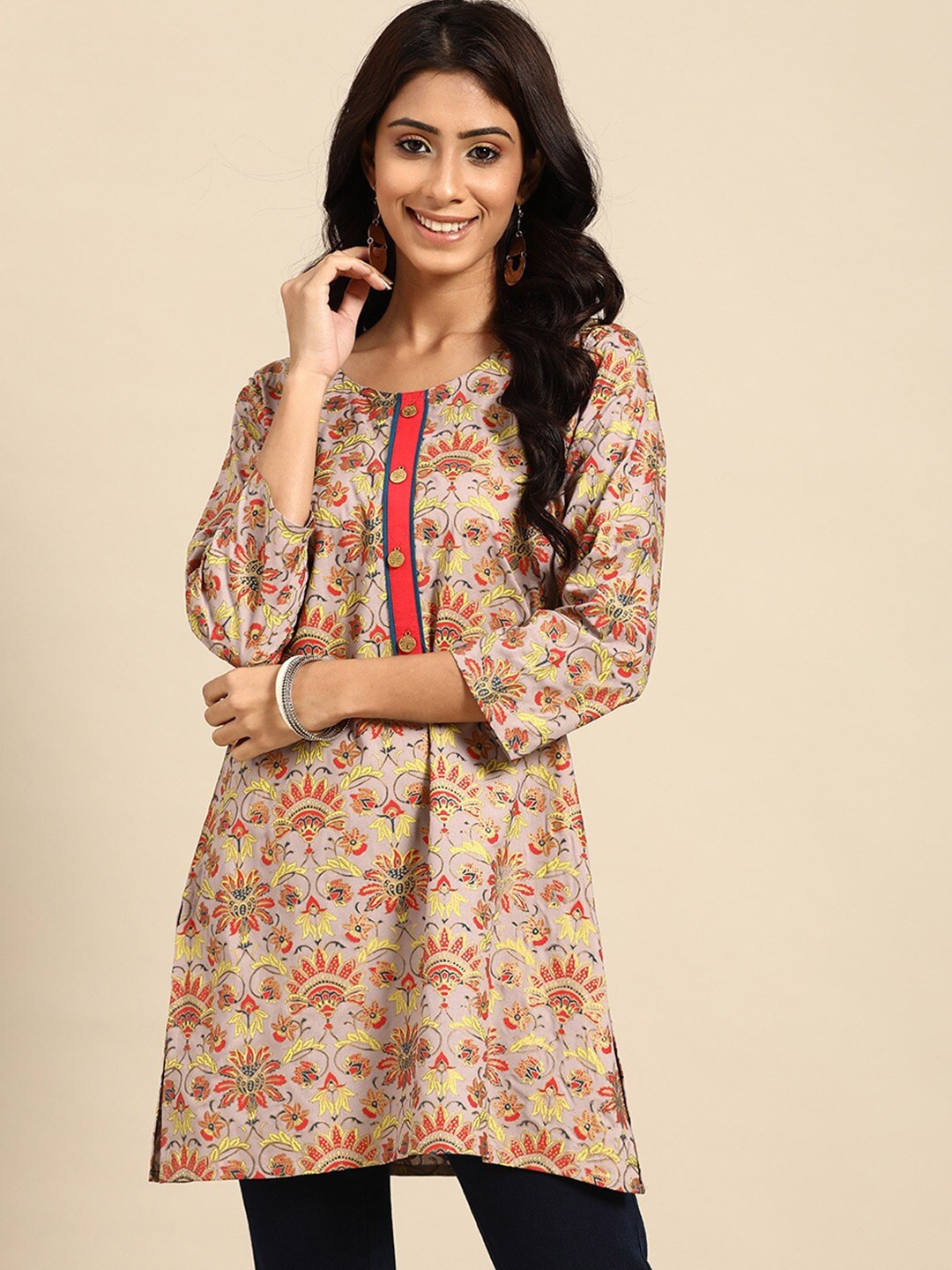 

RANGMAYEE Grey & Yellow Floral Printed Pure Cotton Kurti