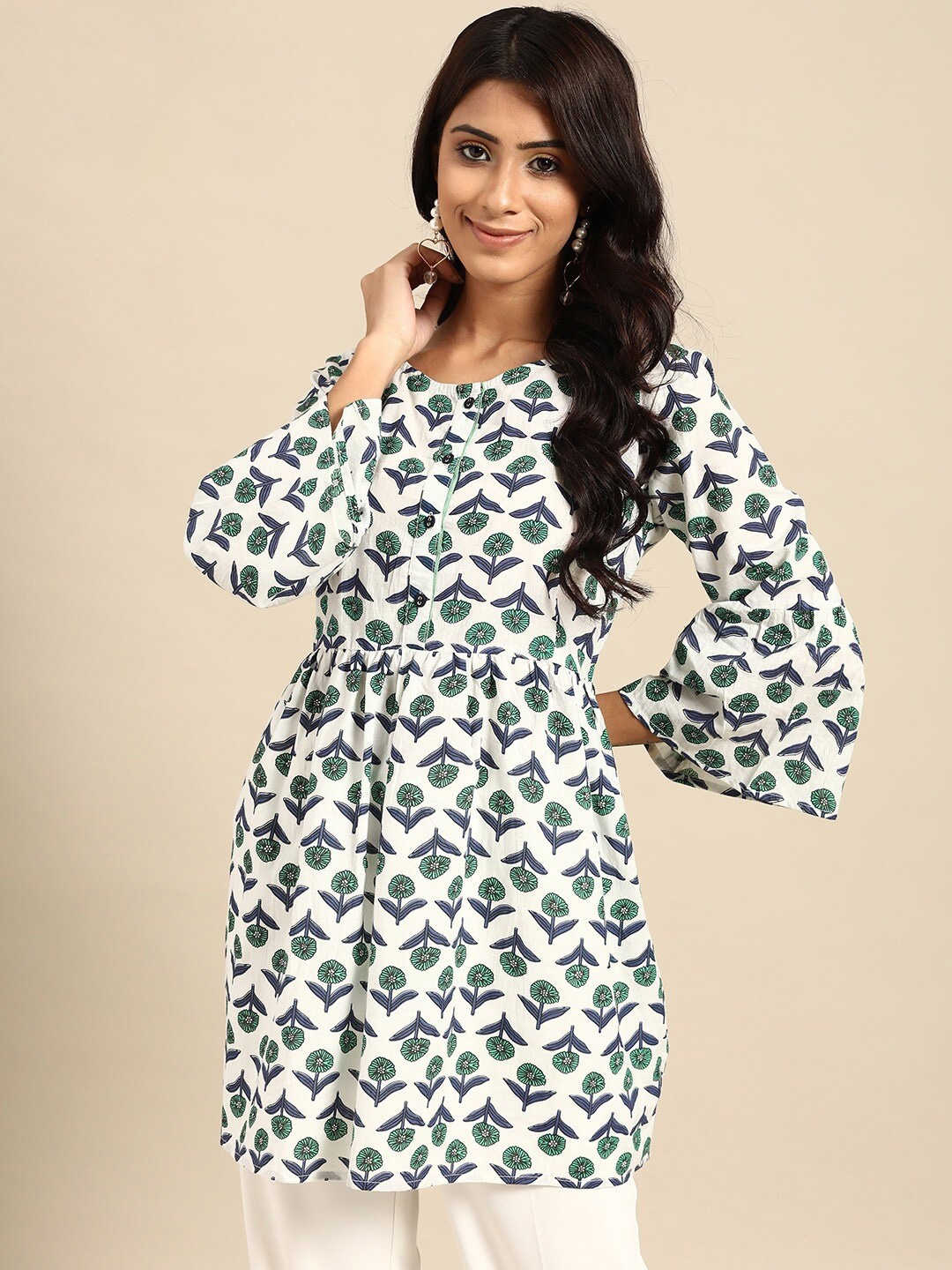 

RANGMAYEE Women White & Green Printed Pure Cotton A-Line Kurti