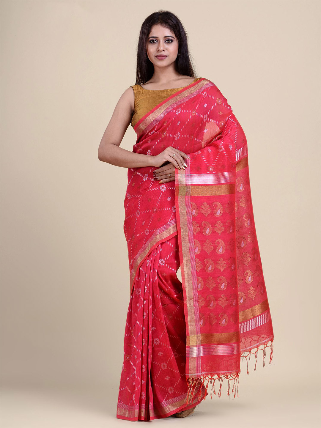 

Charukriti Pink & Gold-Toned Woven Design Pure Linen Saree