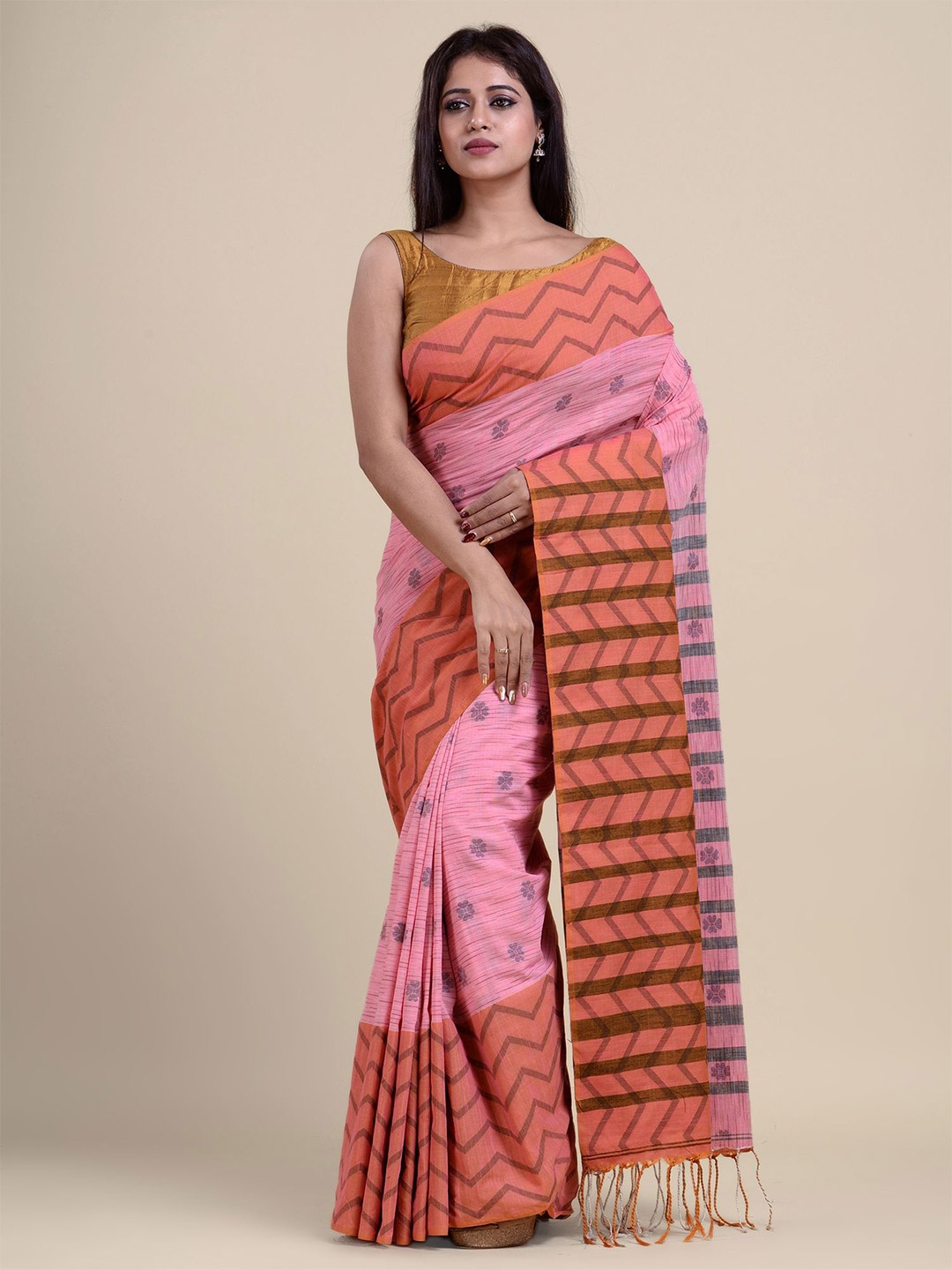 

Charukriti Pink & Orange Ethnic Motifs Pure Cotton Saree