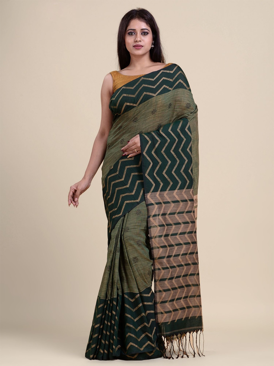 

Charukriti Green & Beige Woven Design Pure Cotton Saree