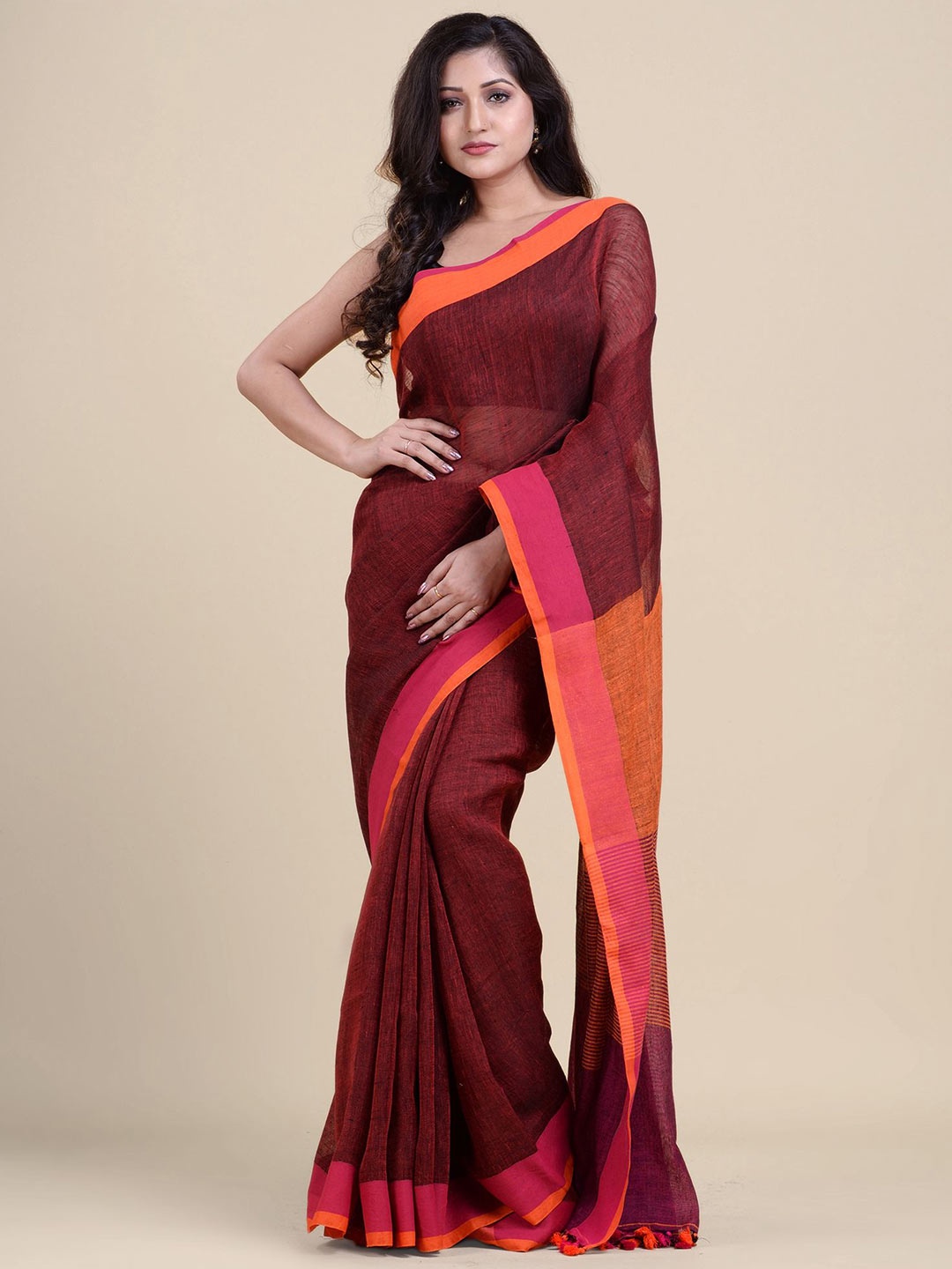 

Charukriti Maroon & Pink Pure Linen Saree