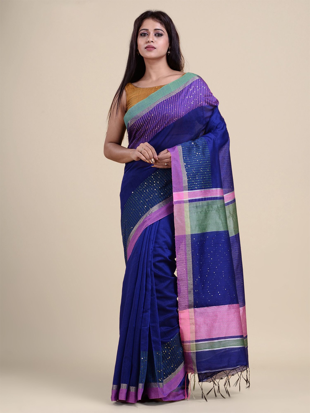

Charukriti Blue & Pink Embellished Zari Saree