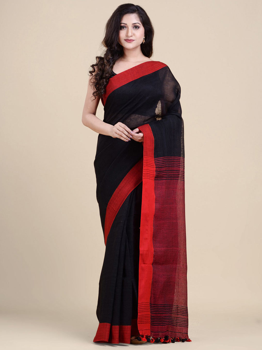 

Charukriti Black & Red Pure Linen Saree