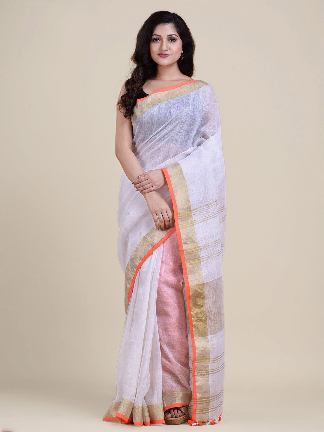 

Charukriti White & Gold Zari Pure Linen Saree