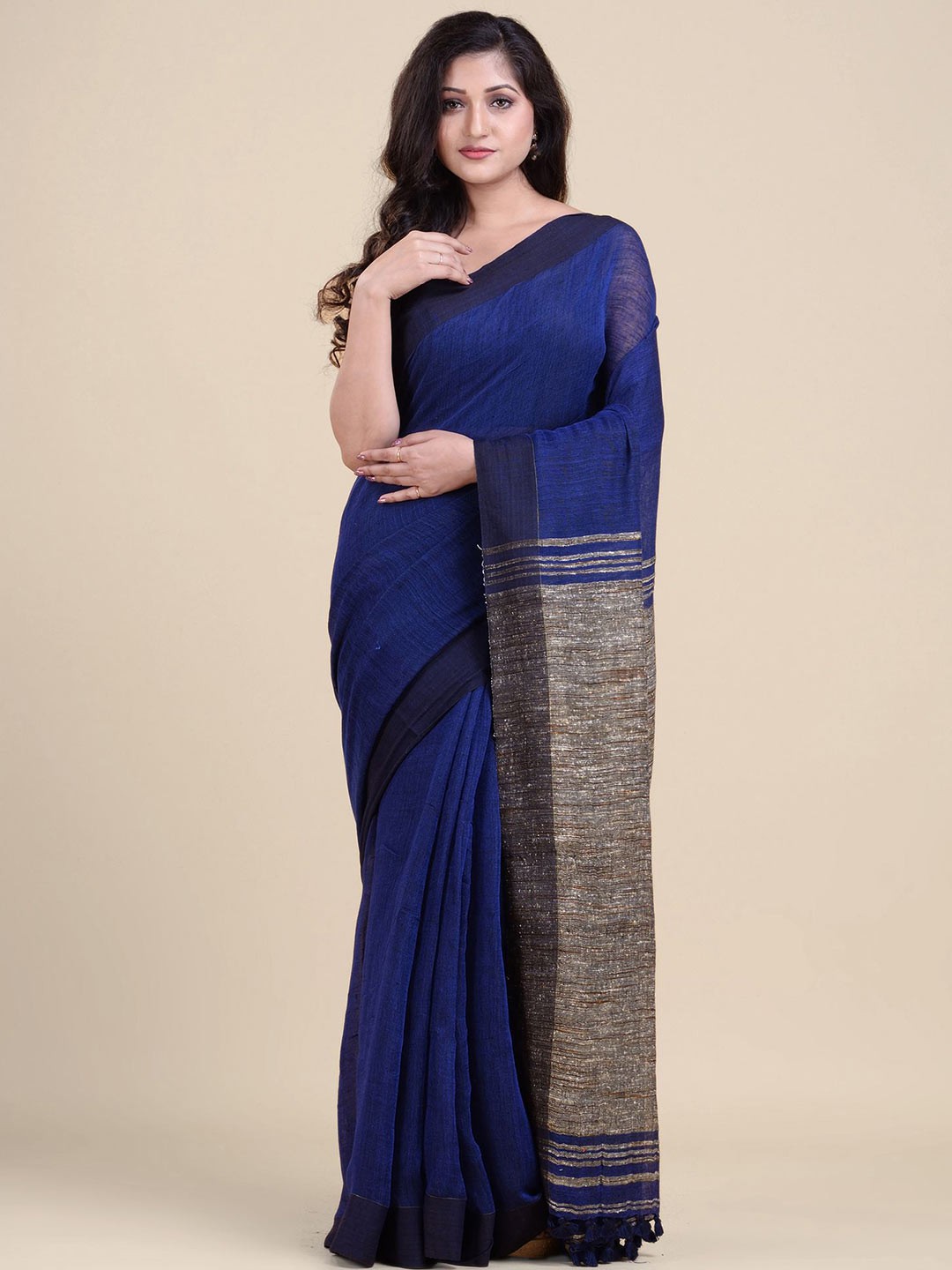 

Charukriti Blue & Black Pure Linen Saree