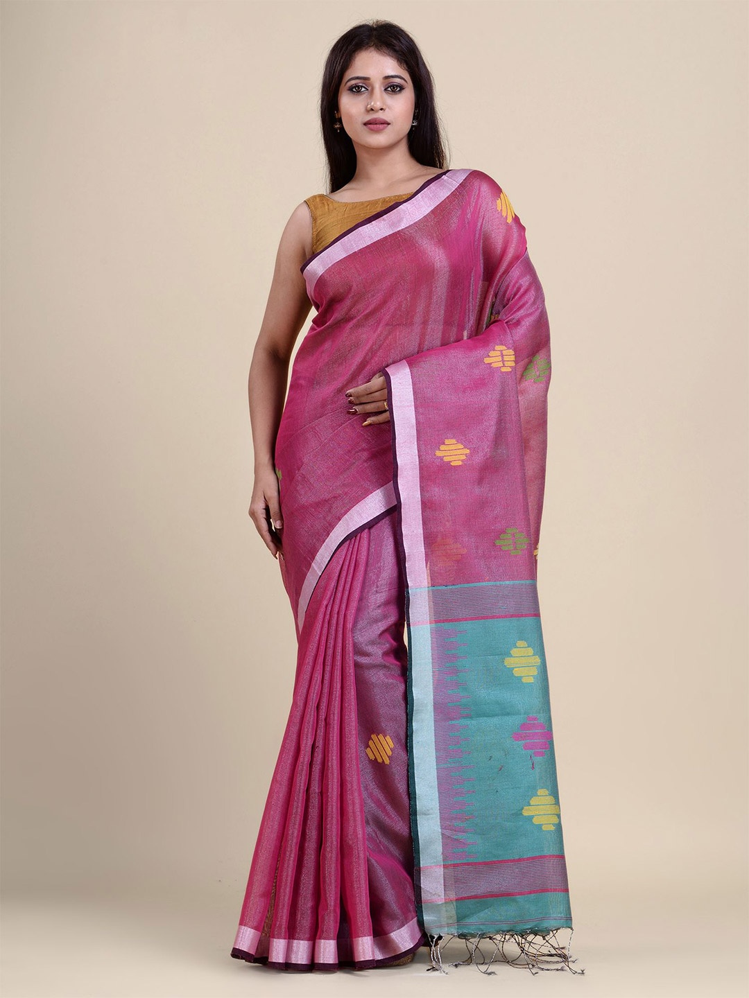 

Charukriti Pink & Green Ethnic Motifs Zari Tissue Saree