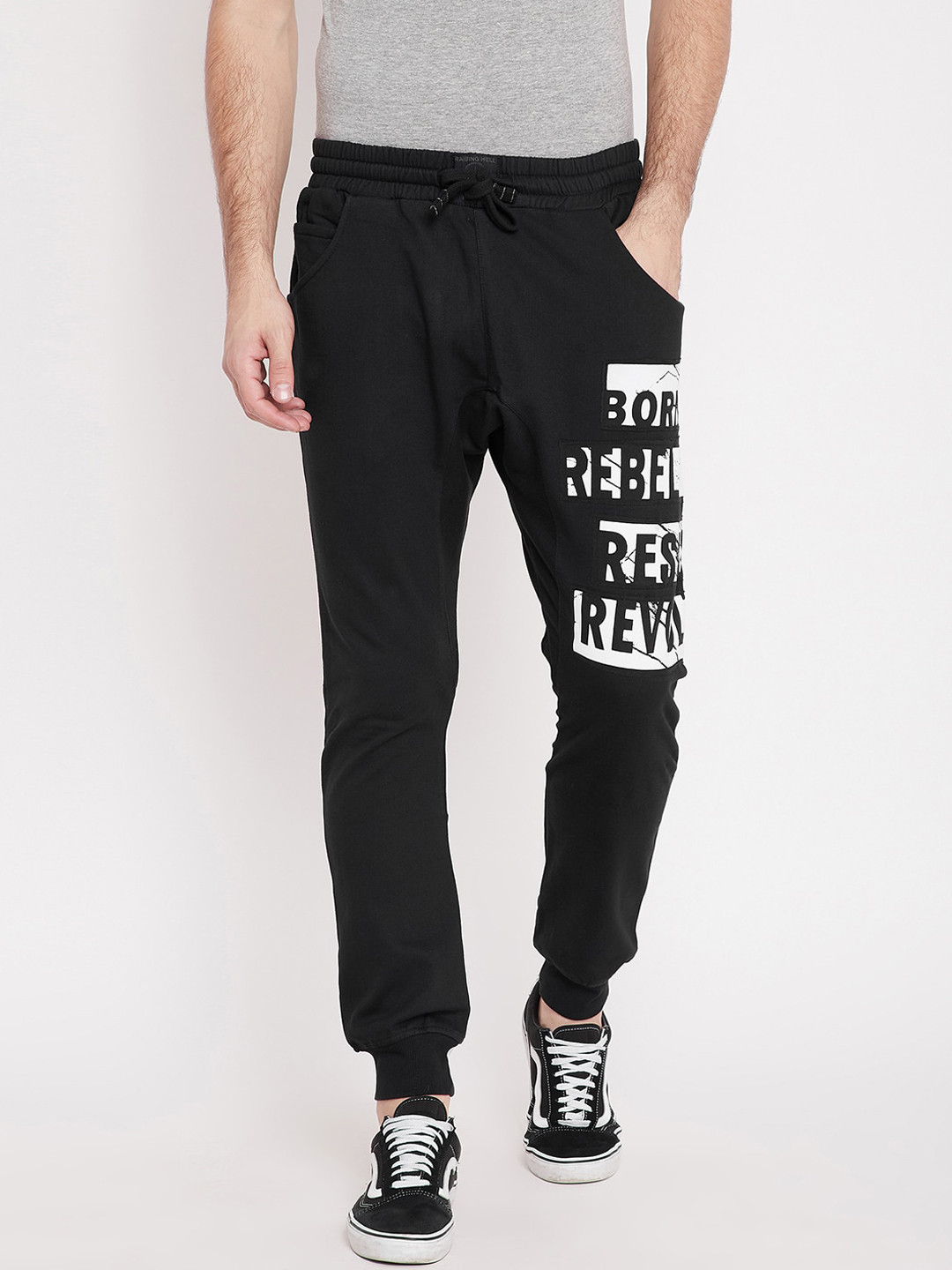 

PUNK Men Black & White Solid Cotton Relaxed-Fit Joggers