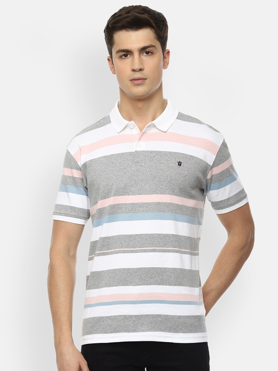 

Louis Philippe Sport Men Grey & White Striped Polo Collar Slim Fit T-shirt