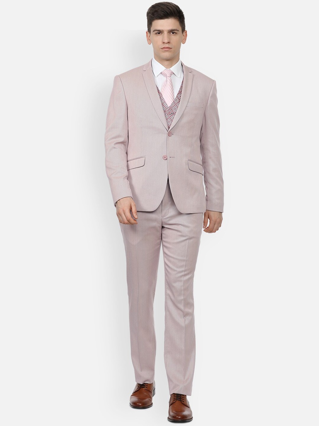 

V Dot Men Pink Self Design Single Breasted 3 Piece Slim Fit Formal Suit