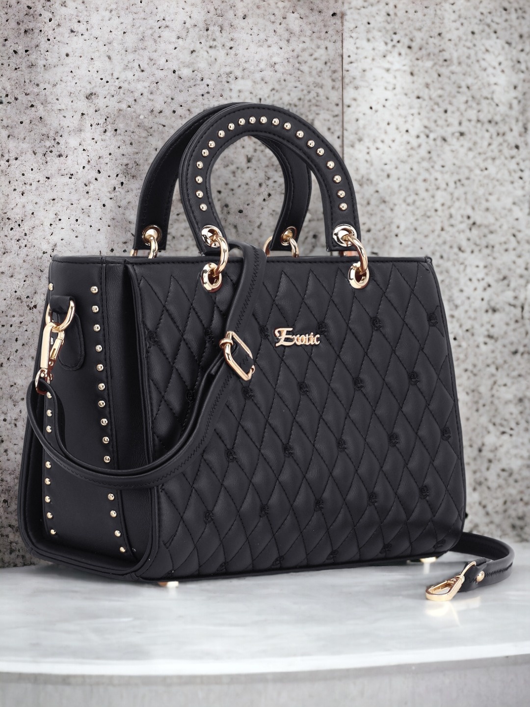 

Exotic Black PU Structured Handheld Bag with Quilted