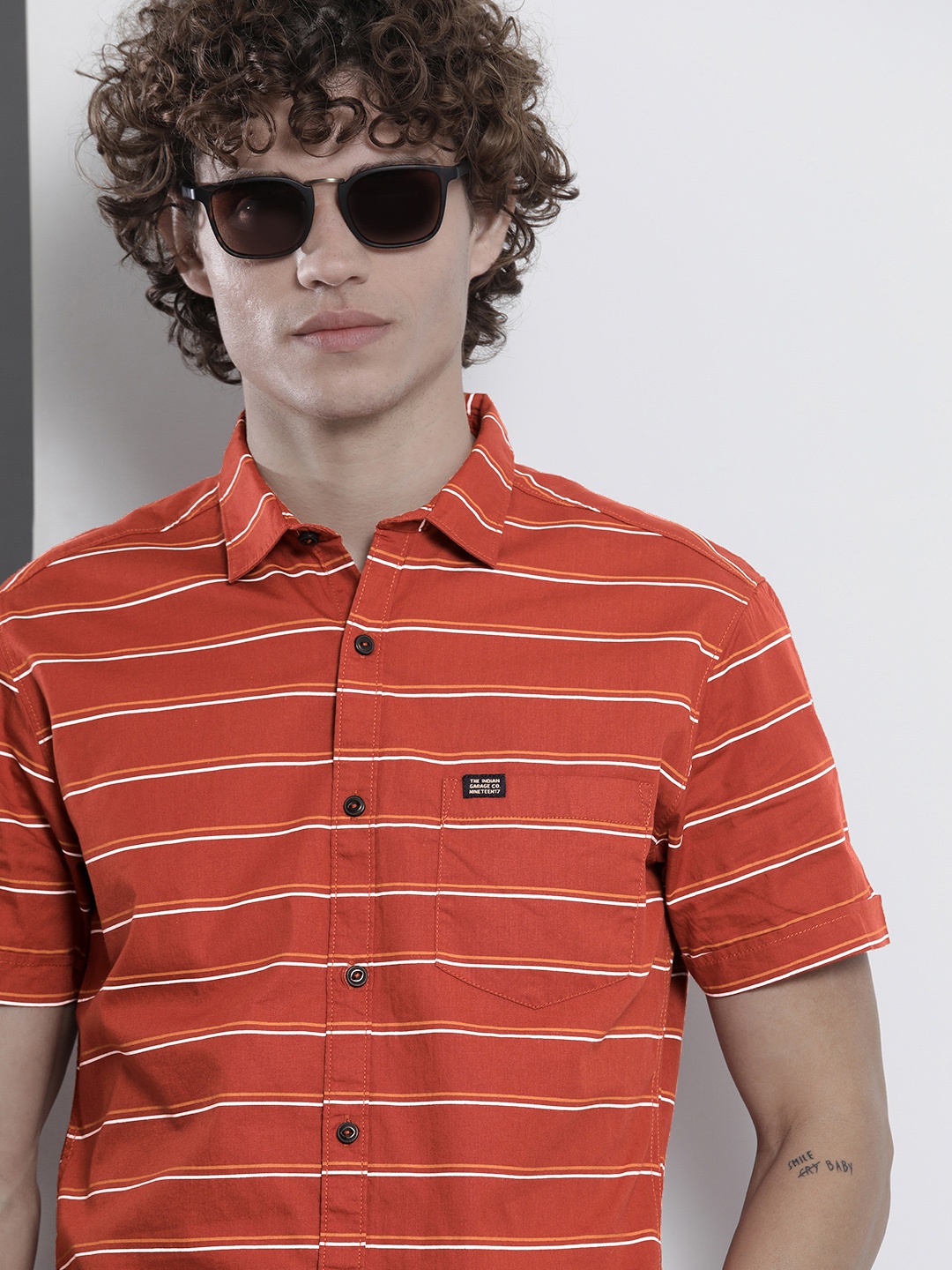 

The Indian Garage Co Men Rust Orange Cotton Striped Casual Shirt