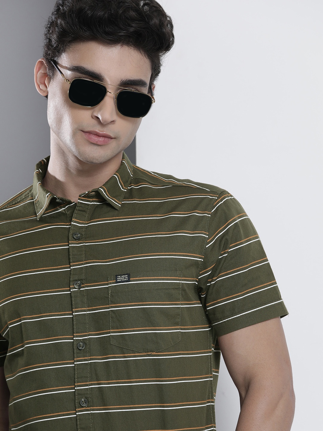 

The Indian Garage Co Men Olive Green Cotton Striped Casual Shirt