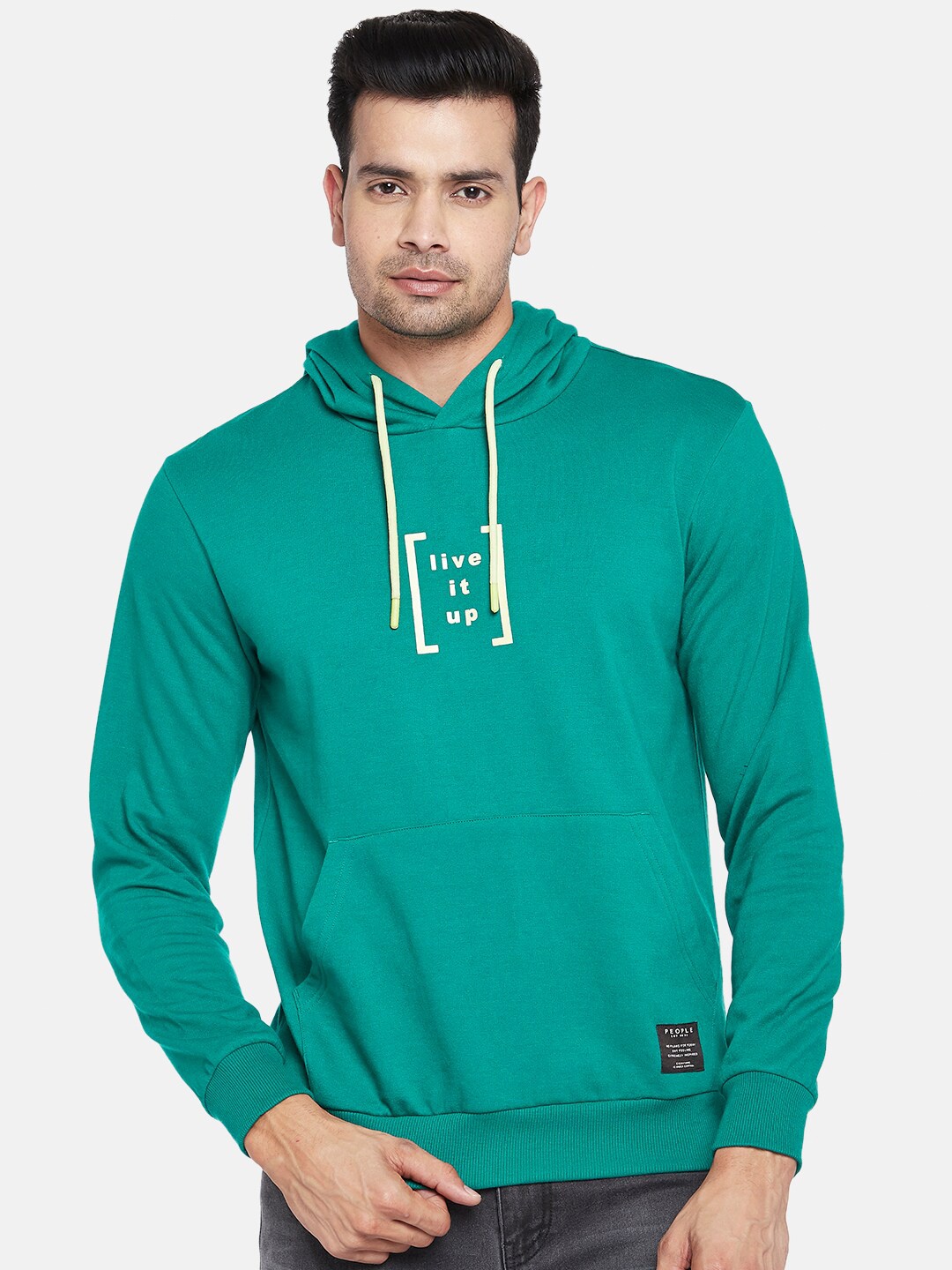 

People Men Green Printed Hooded Sweatshirt