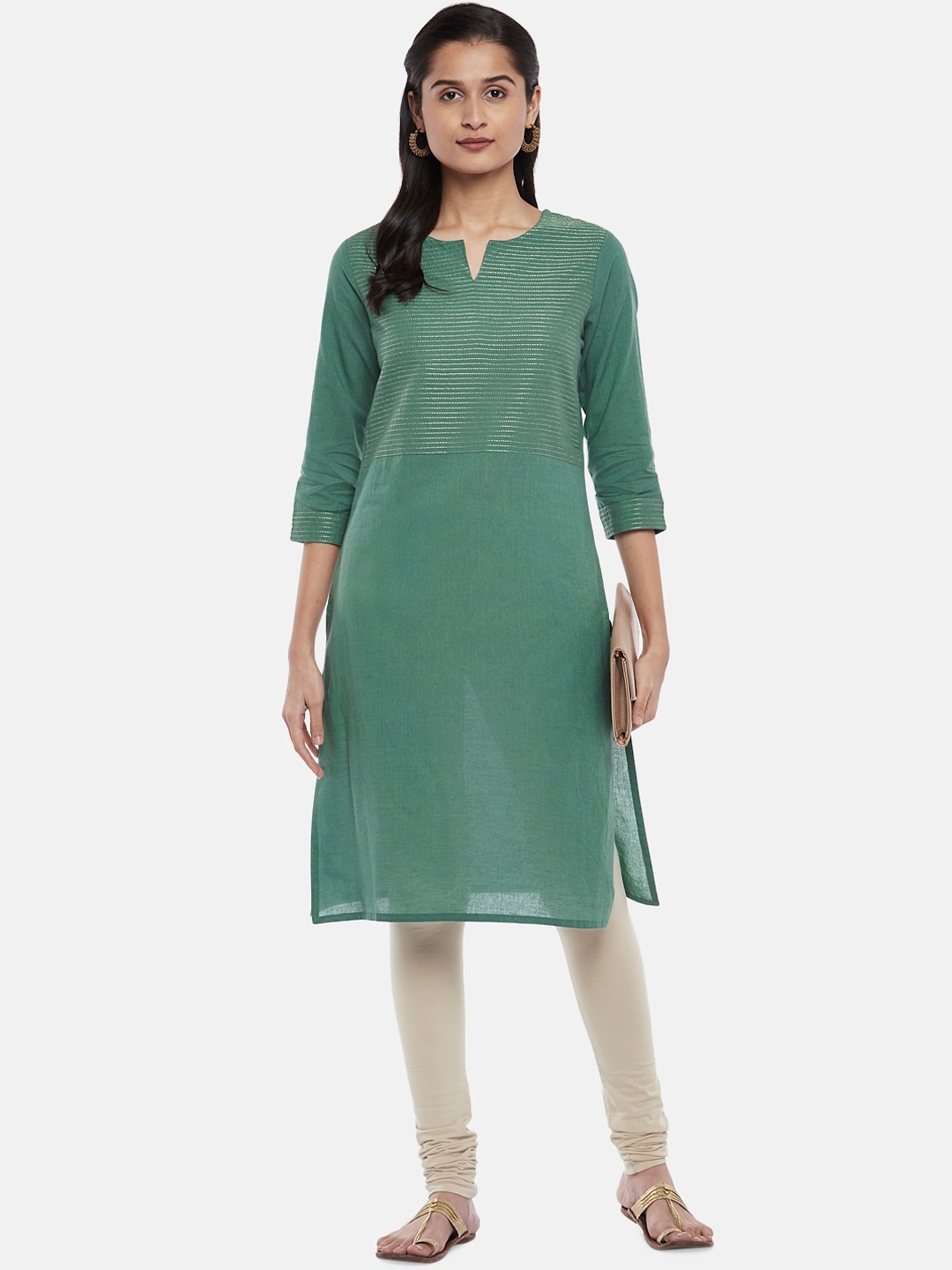 

RANGMANCH BY PANTALOONS Women Green Striped Yoke Design Zari Cotton Straight Kurta