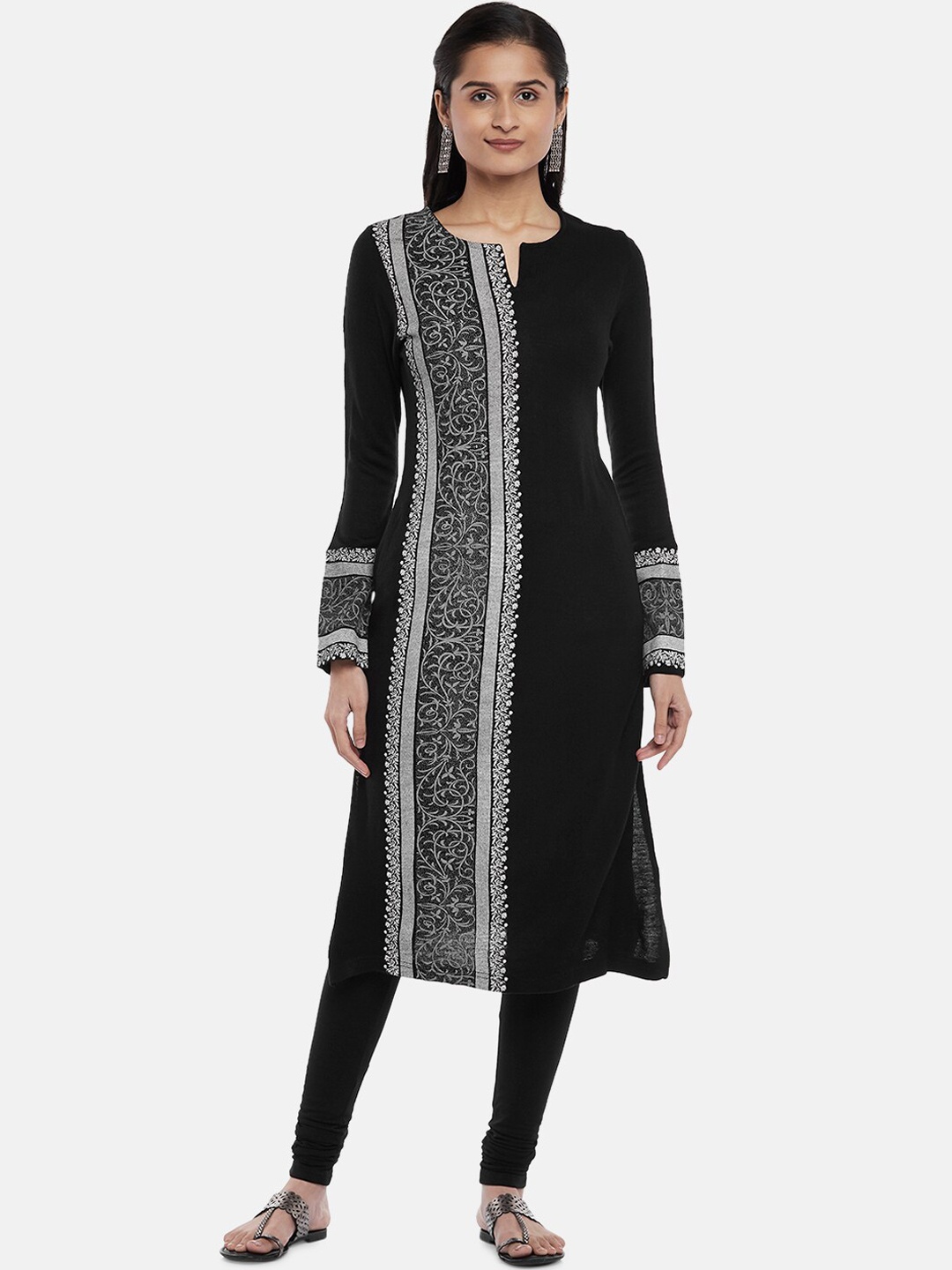 

RANGMANCH BY PANTALOONS Women Black Geometric Keyhole Neck Thread Work Kurta