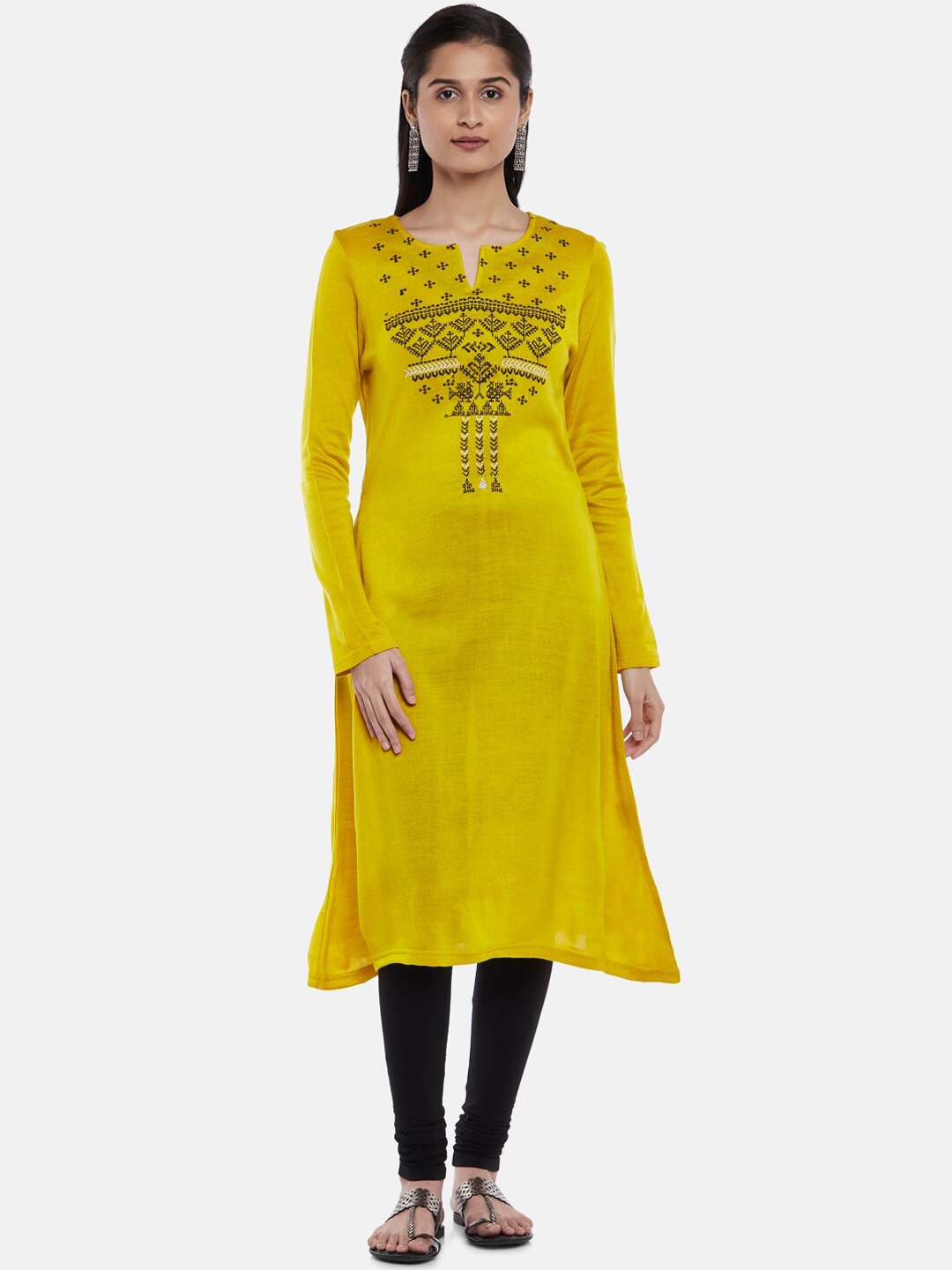 

RANGMANCH BY PANTALOONS Women Mustard Yellow & Black Embroidered Straight Kurta