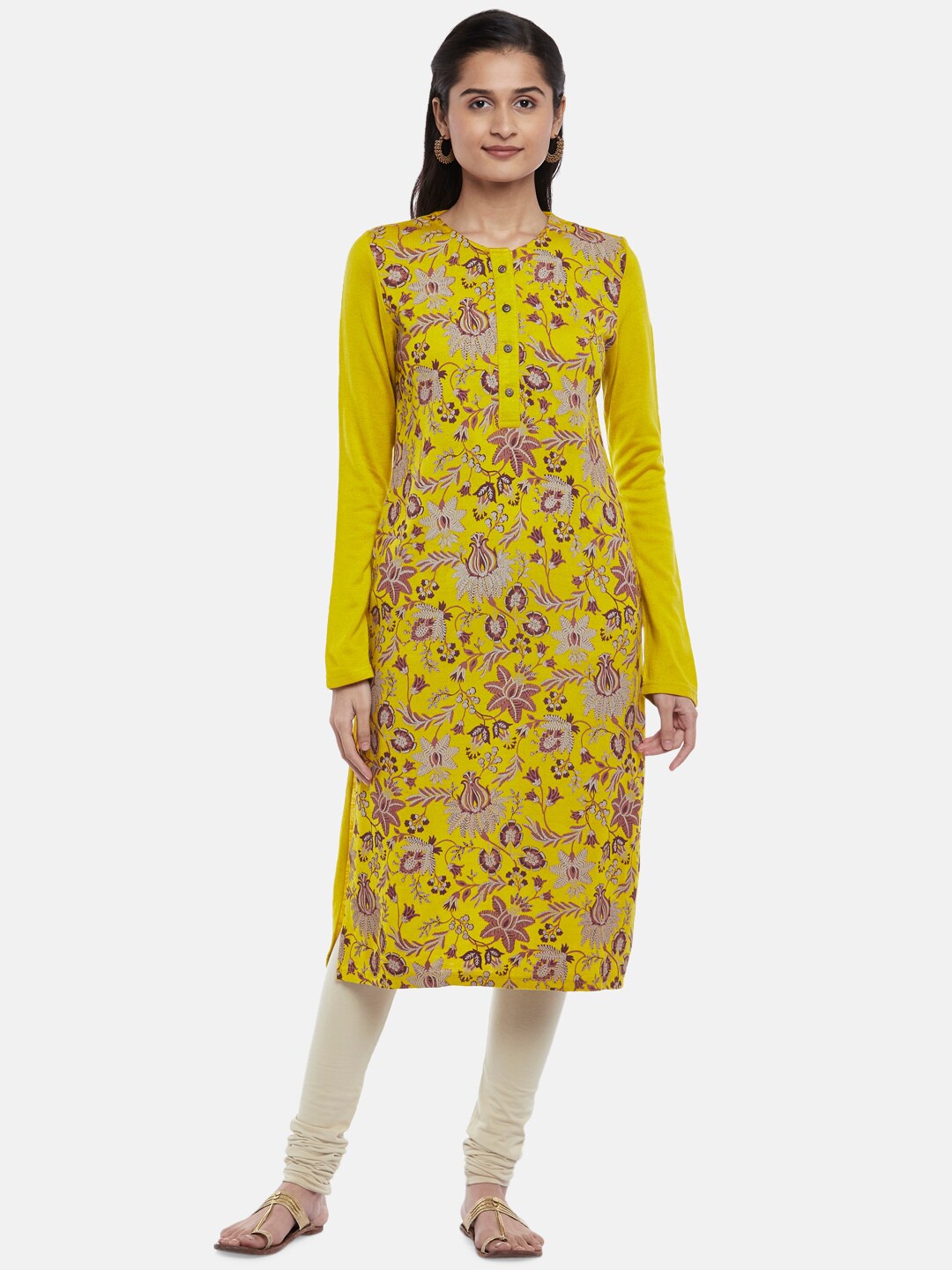 

RANGMANCH BY PANTALOONS Women Yellow & White Floral Printed Acrylic Straight Kurta