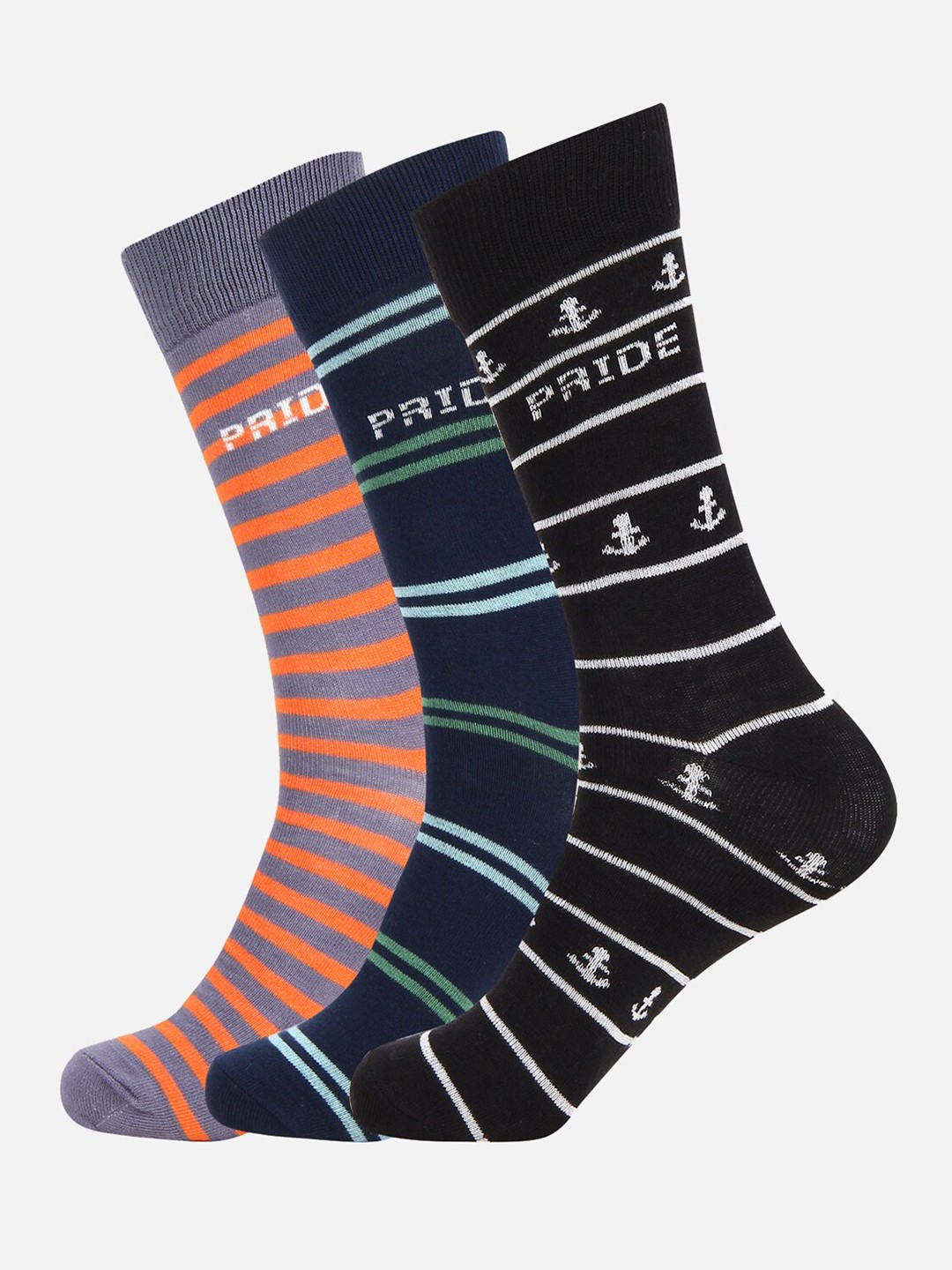 

PRIDE APPAREL Pack of 3 Striped Above Ankle Length Socks, Navy blue