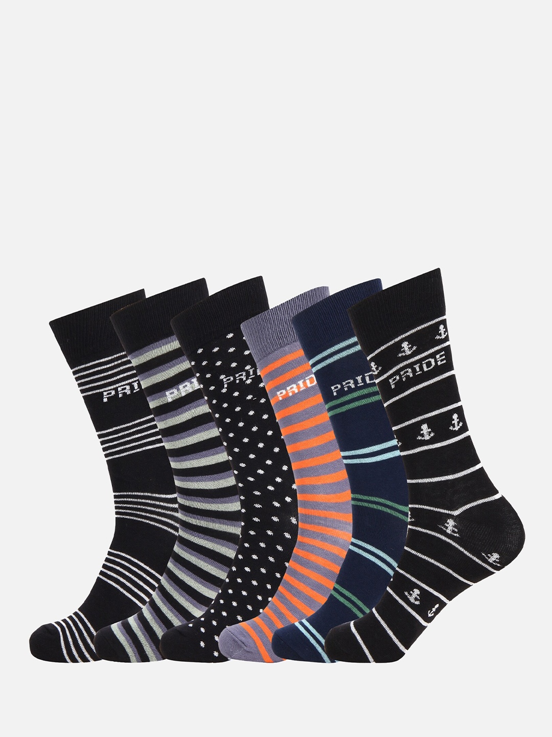 

PRIDE APPAREL Unisex Pack Of 6 Patterned Calf-Length Socks, Black