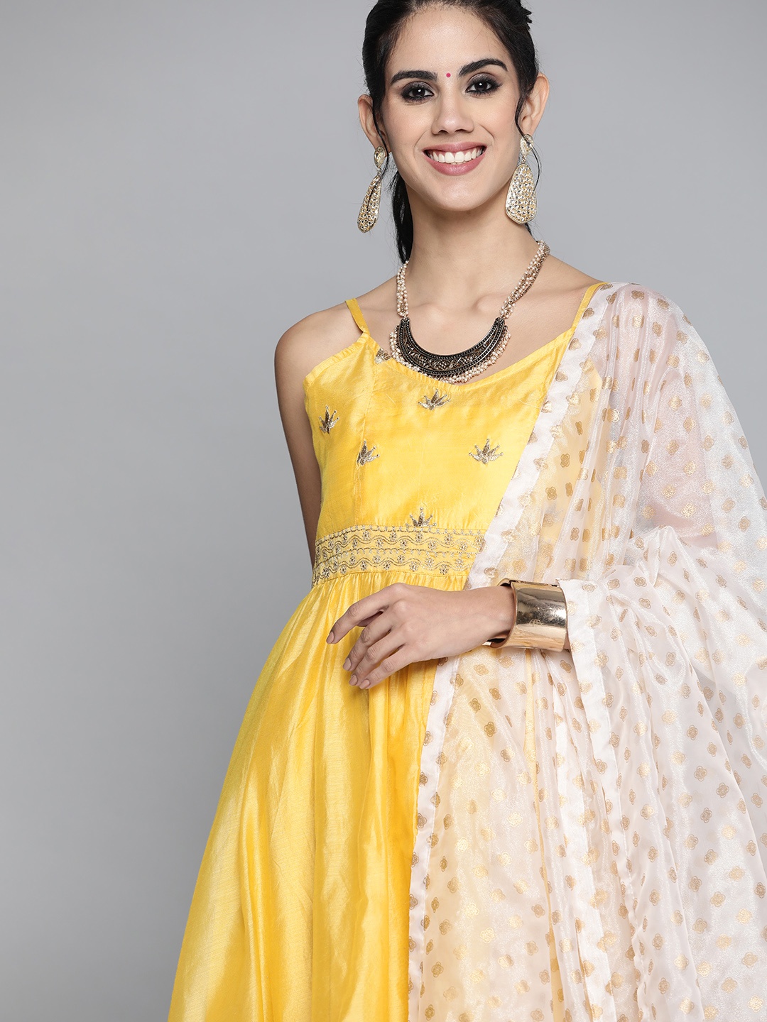 

HERE&NOW Women Yellow Ethnic Motifs Yoke Design Thread Work Kurta With Dupatta