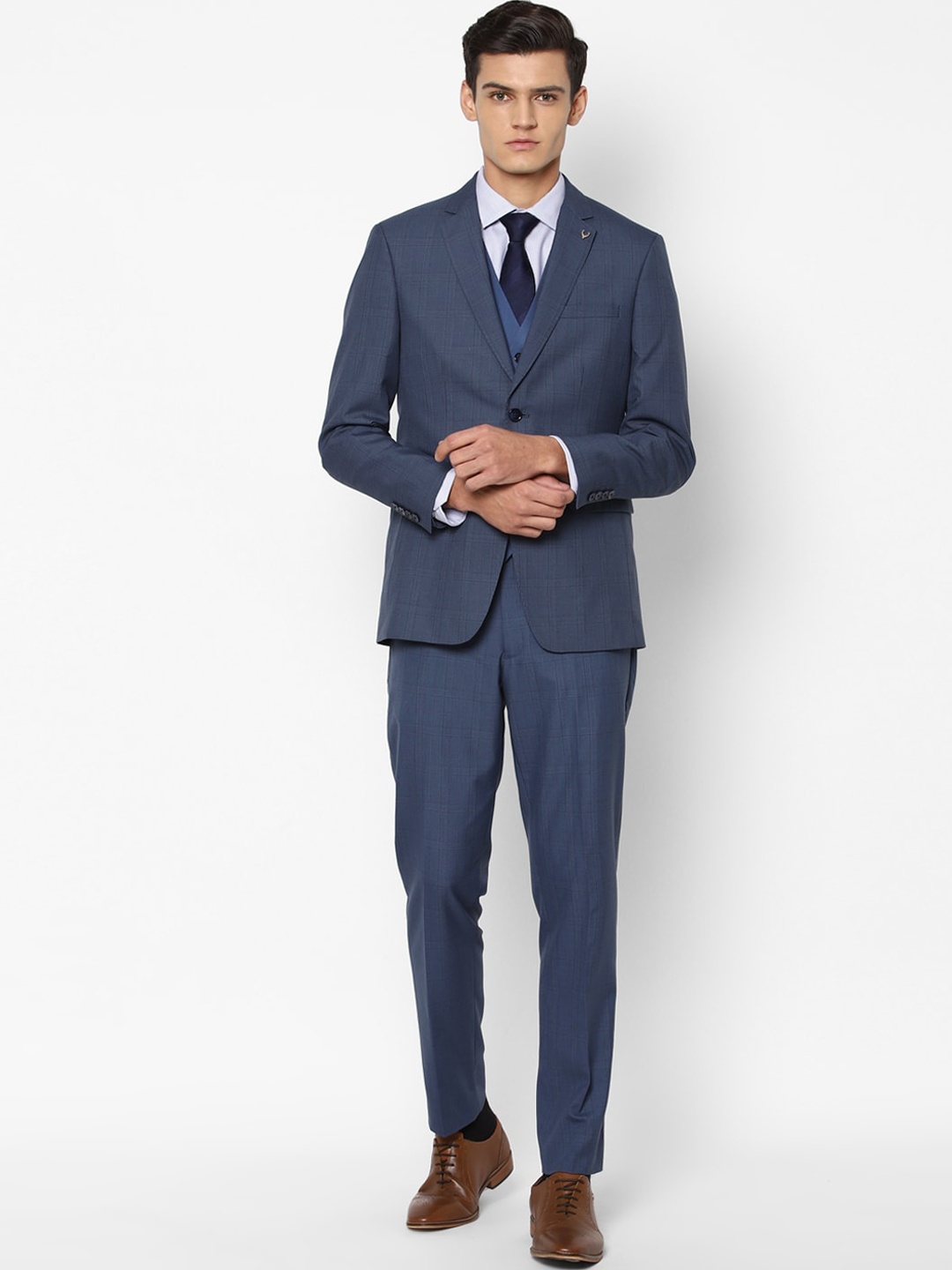 

Allen Solly Men Blue Buffalo Checked Slim Fit Single-Breasted 3-Piece Formal Suit