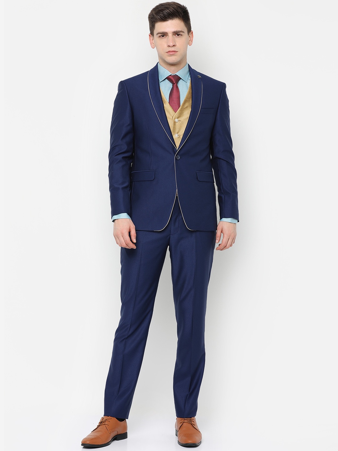 

Allen Solly Men Navy Blue & Yellow Slim Fit Single-Breasted 3-Piece Formal Suit