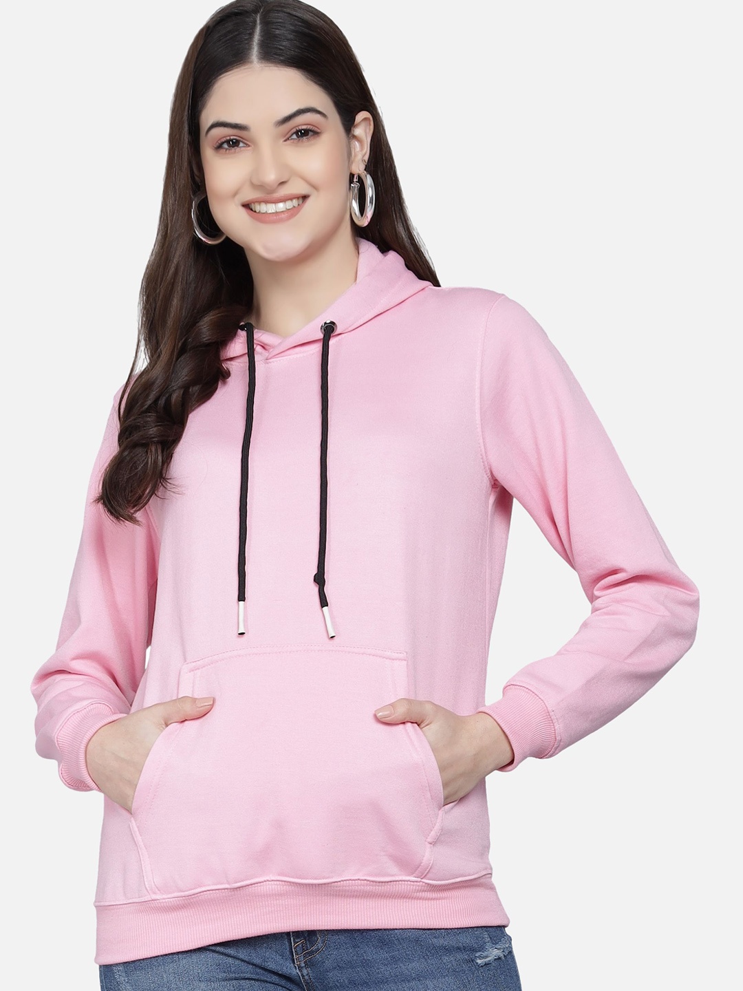 

PockMAN Women Pink Solid Hooded Sweatshirt